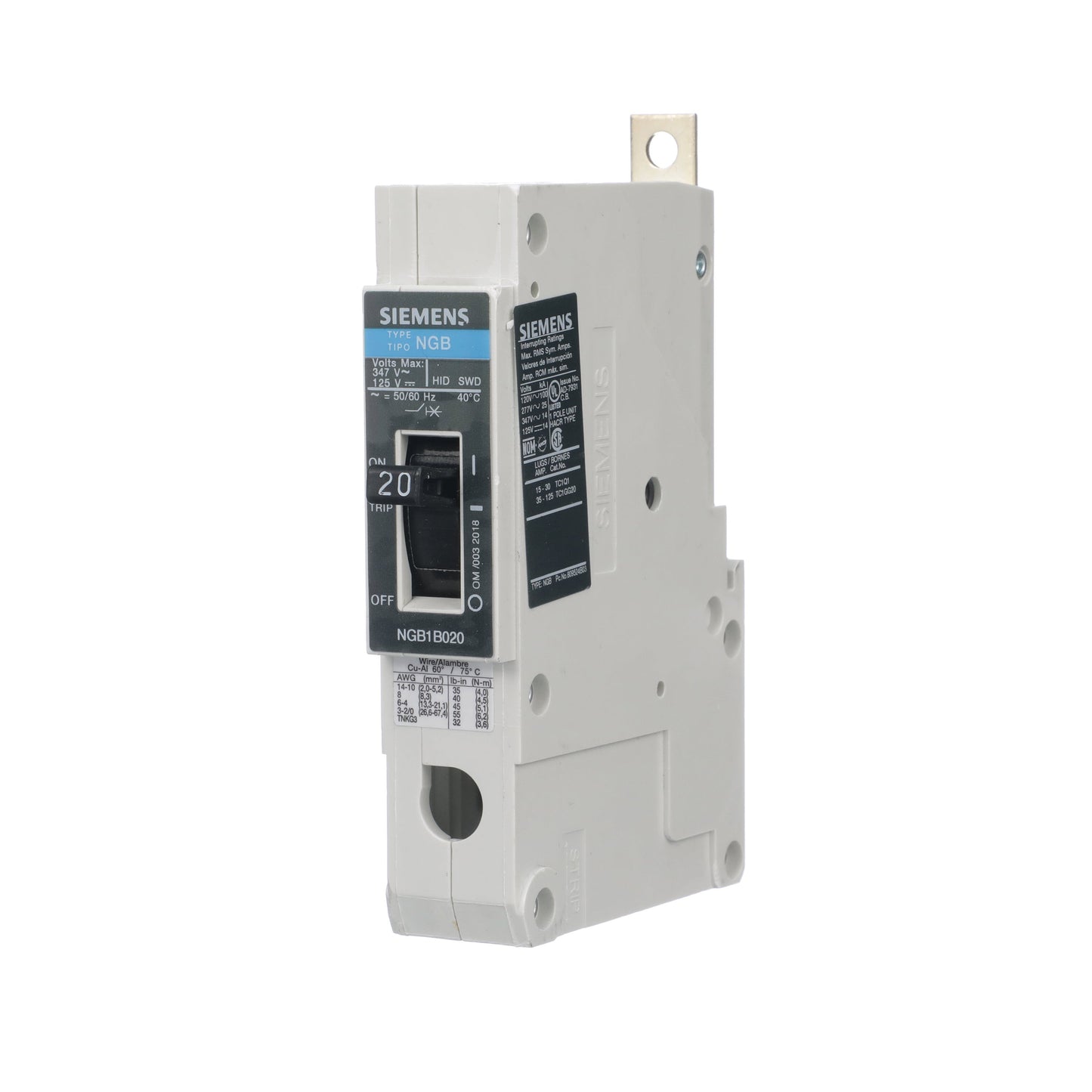 Siemens NGB1B020V Circuit Breaker | 347V 20A 1P 25kA@277V Bolt-On VL Series