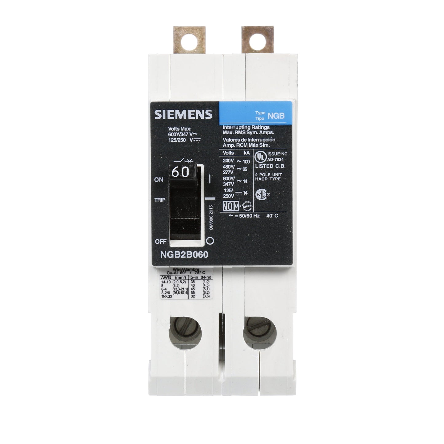 Siemens NGB2B060B Molded Case Circuit Breaker | 600V 60A 2P 25kA@480V Bolt-On VL Series