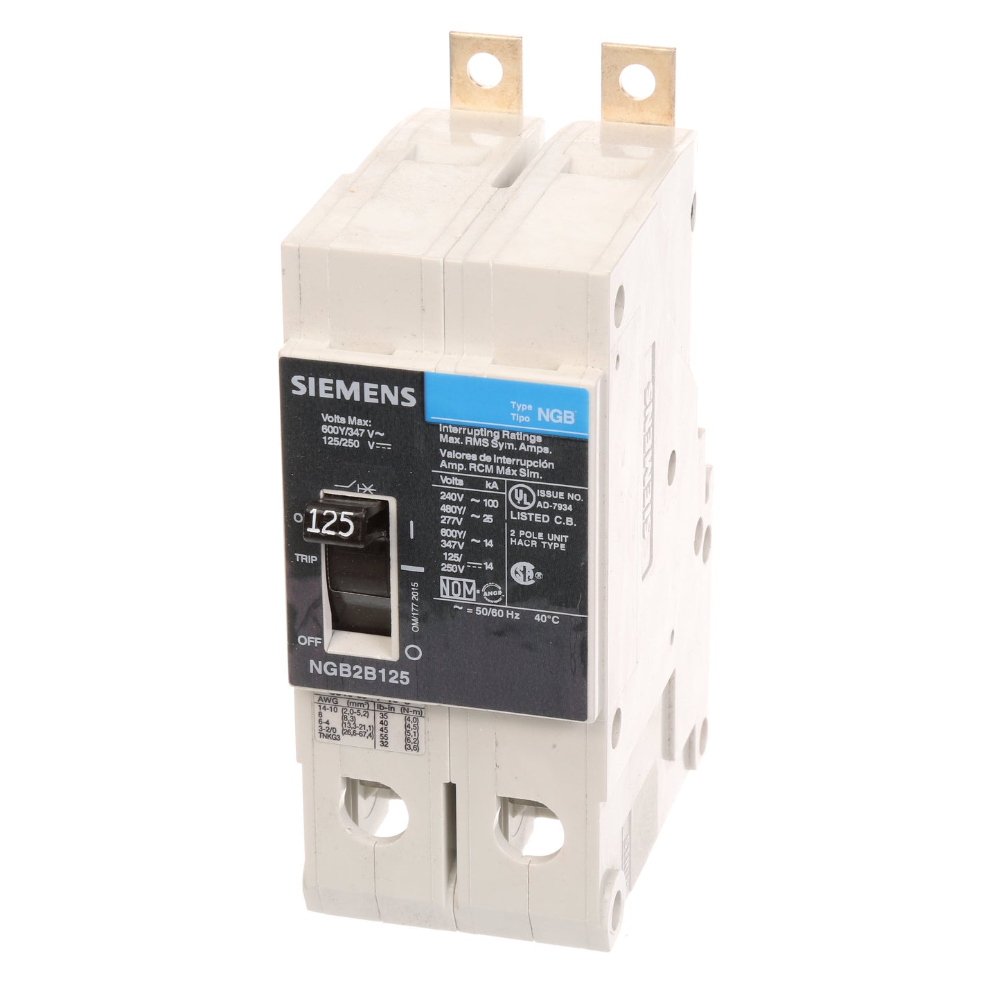 Siemens NGB2B125V Circuit Breaker | 600V 125A 2P 25kA@480V Bolt-On VL Series