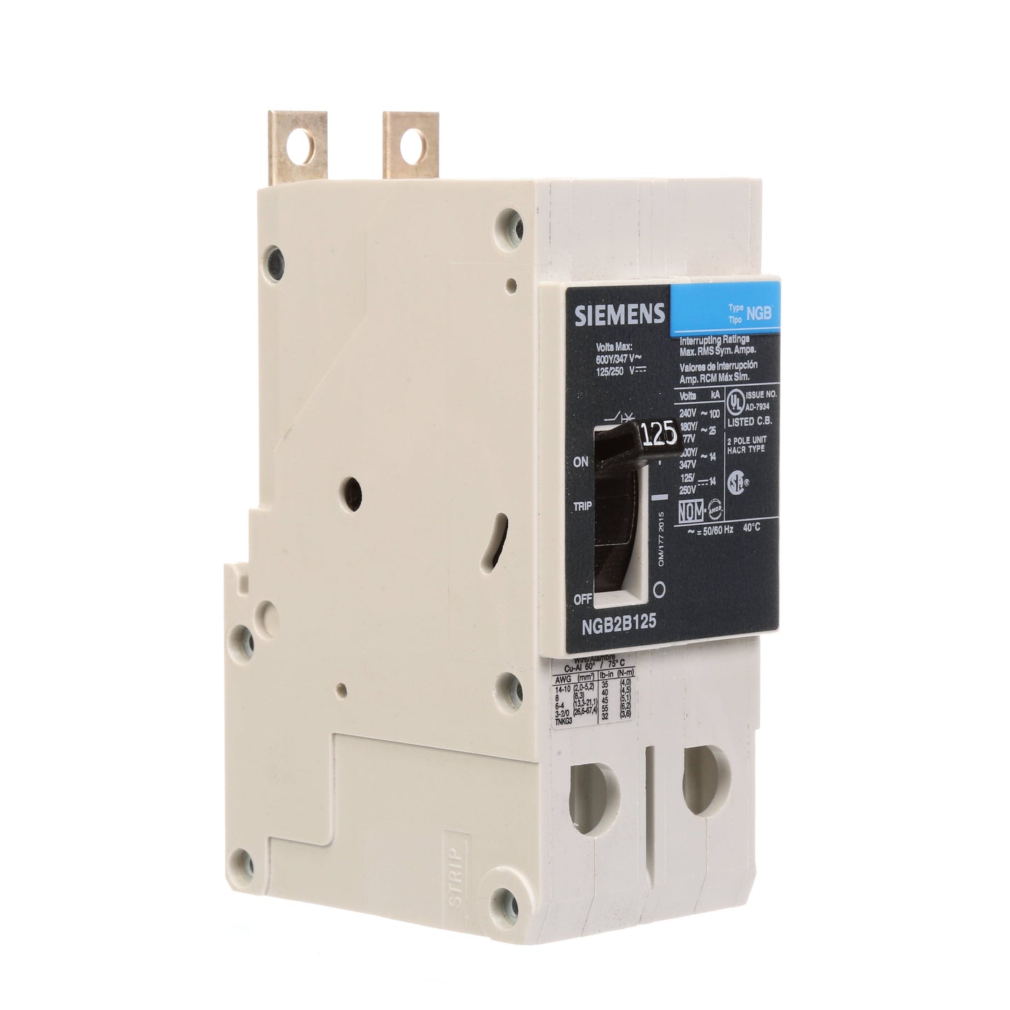 Siemens NGB2B125V Circuit Breaker | 600V 125A 2P 25kA@480V Bolt-On VL Series