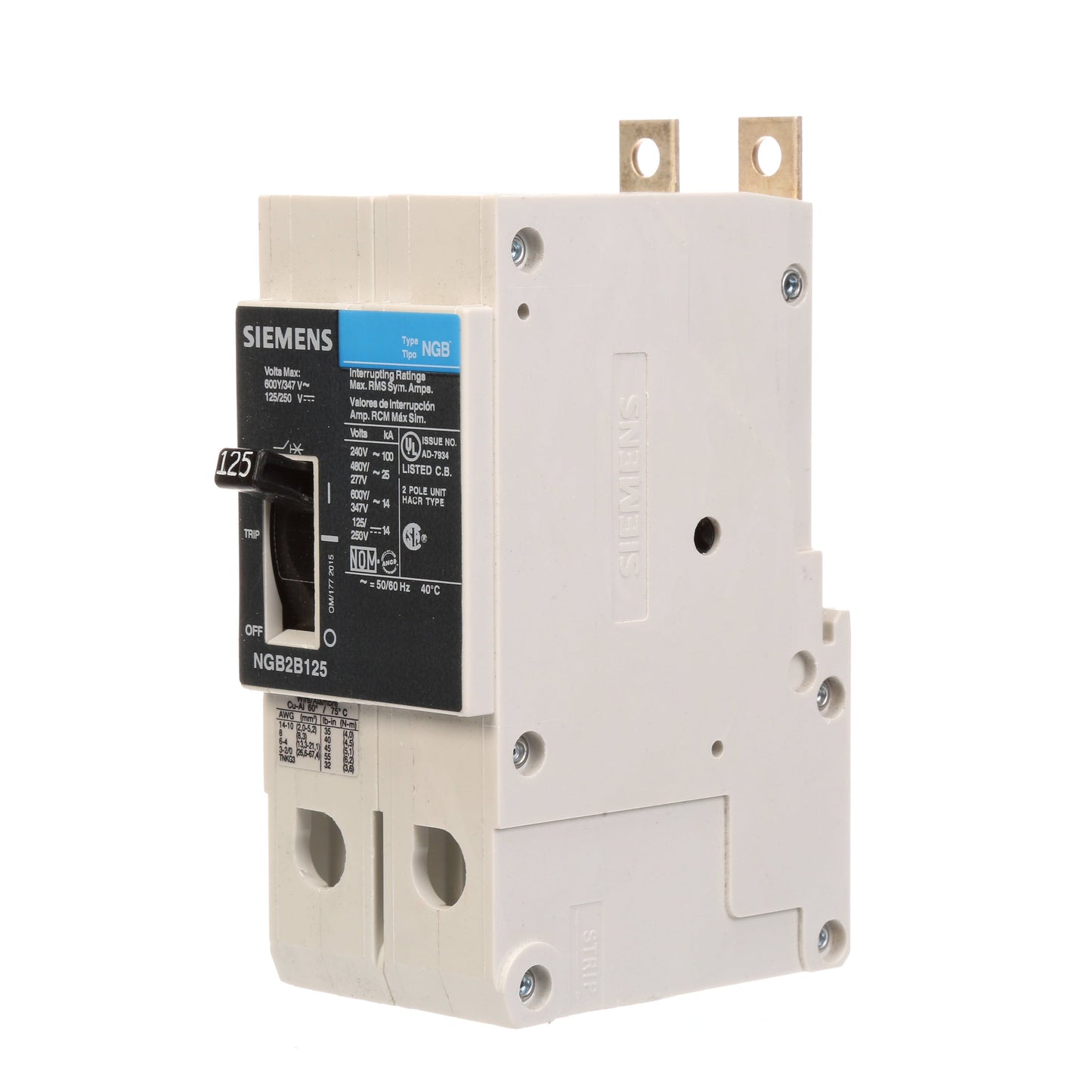 Siemens NGB2B125V Circuit Breaker | 600V 125A 2P 25kA@480V Bolt-On VL Series