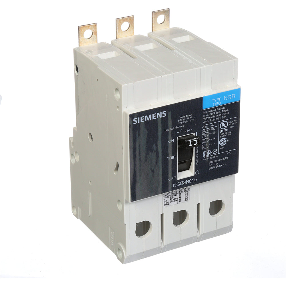 Siemens NGB3B015B Circuit Breaker | 600V 15A 3P 25kA@480V Bolt-On VL Series