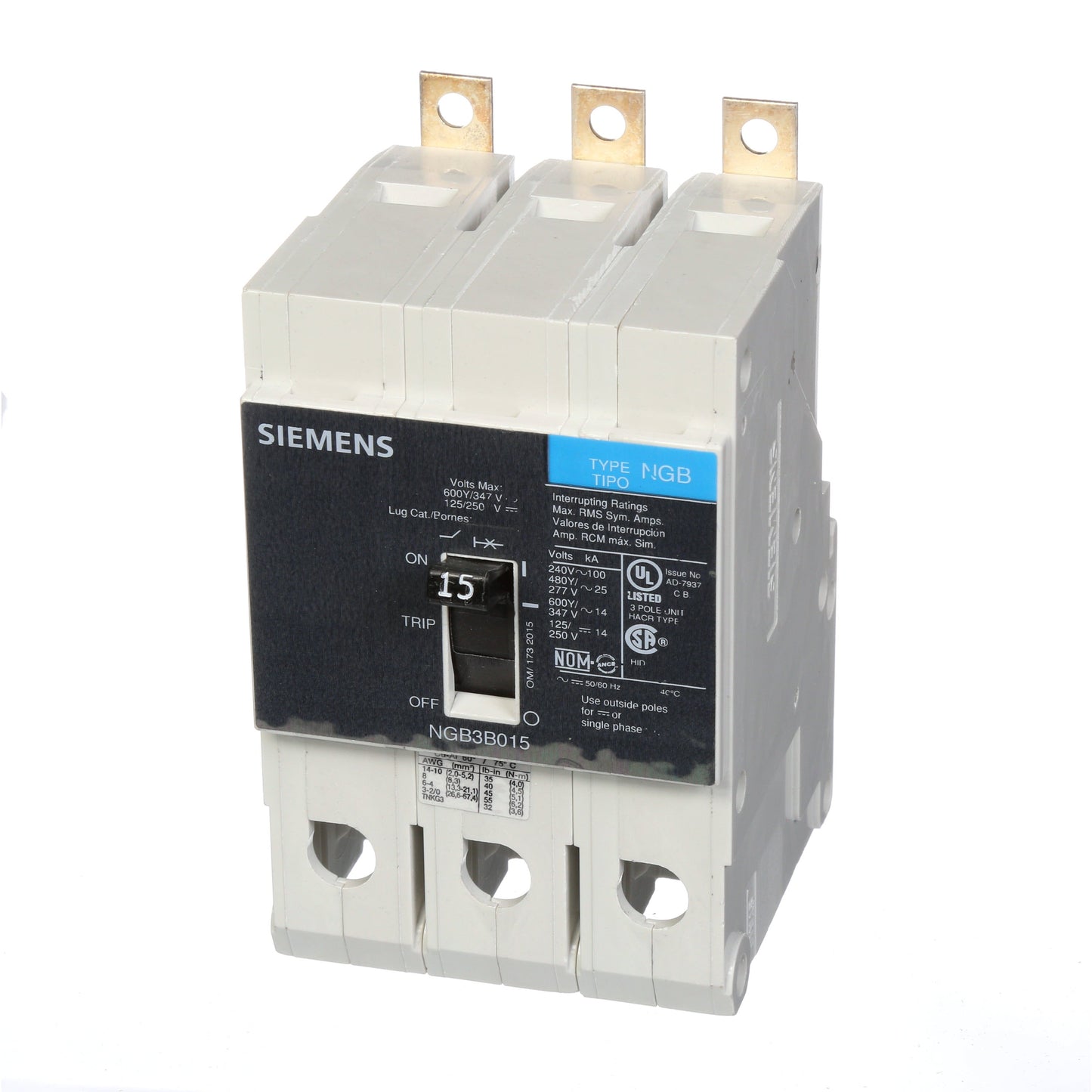 Siemens NGB3B015B Circuit Breaker | 600V 15A 3P 25kA@480V Bolt-On VL Series