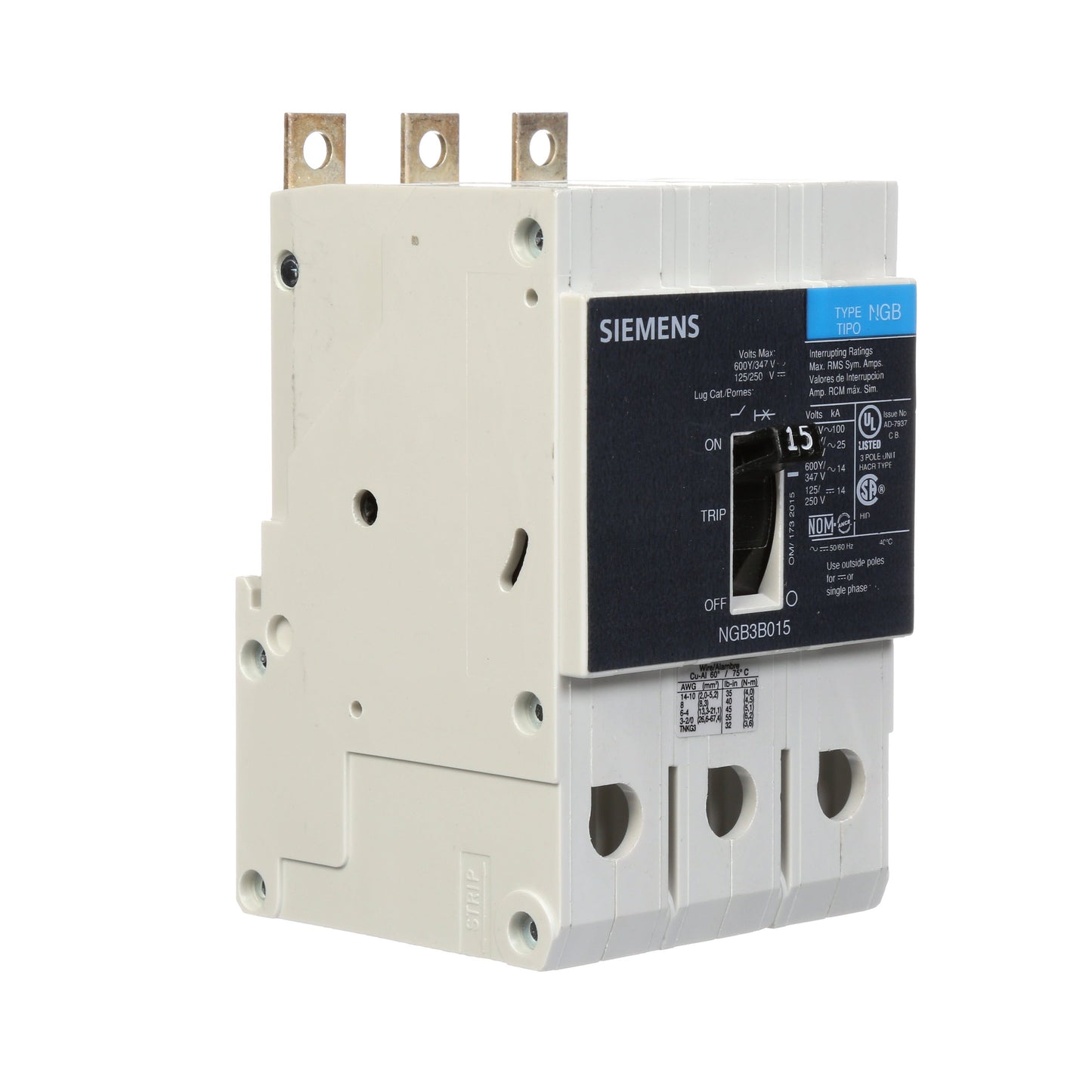 Siemens NGB3B015B Circuit Breaker | 600V 15A 3P 25kA@480V Bolt-On VL Series