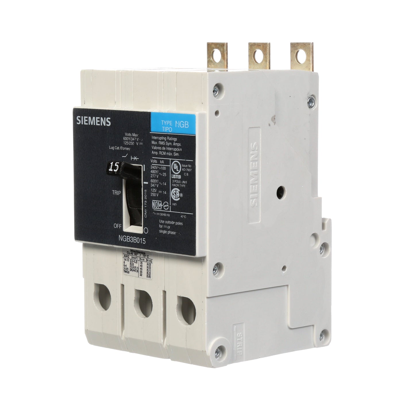 Siemens NGB3B015B Circuit Breaker | 600V 15A 3P 25kA@480V Bolt-On VL Series
