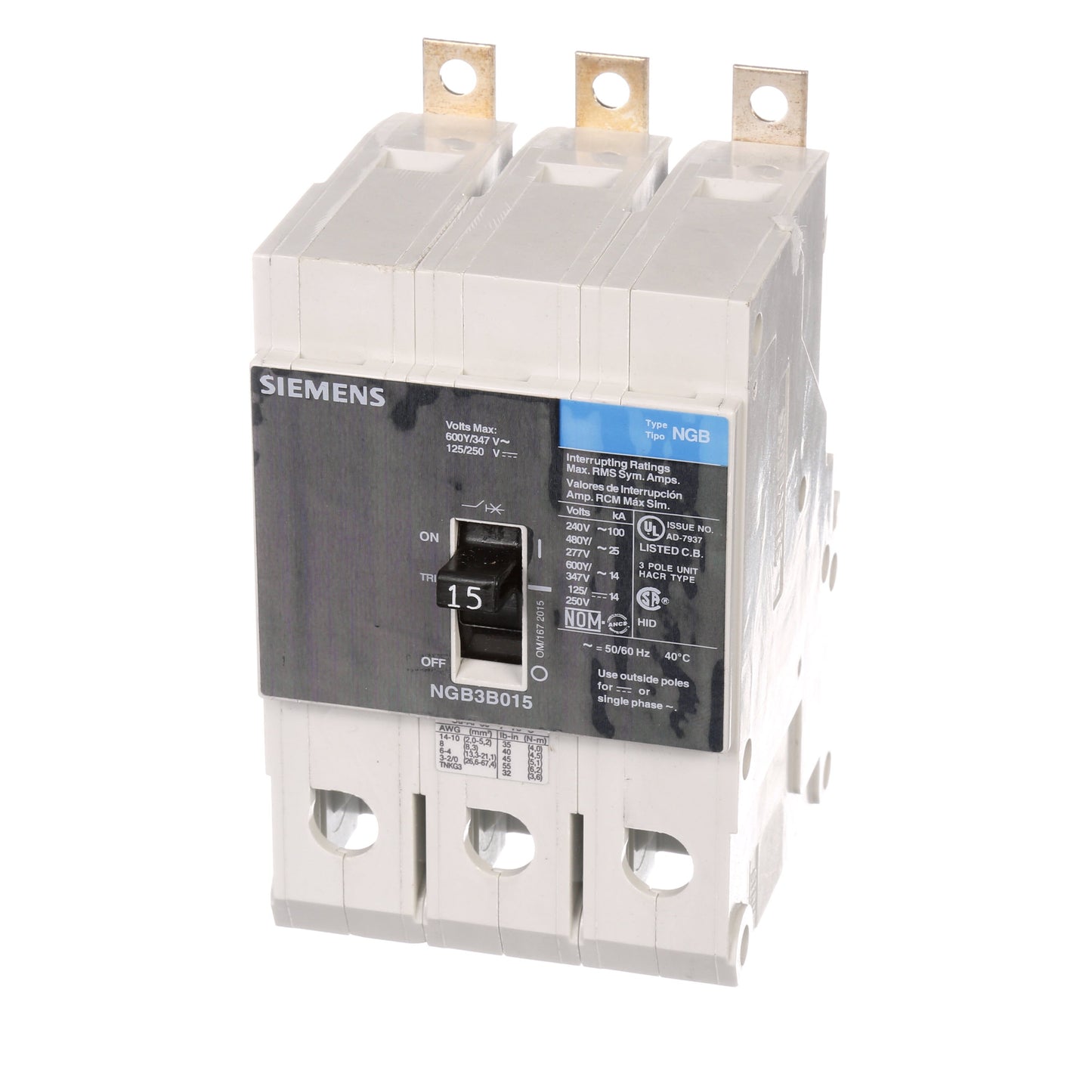 Siemens NGB3B015 Circuit Breaker | 600V 15A 3P 25kA@480V Bolt-On VL Series
