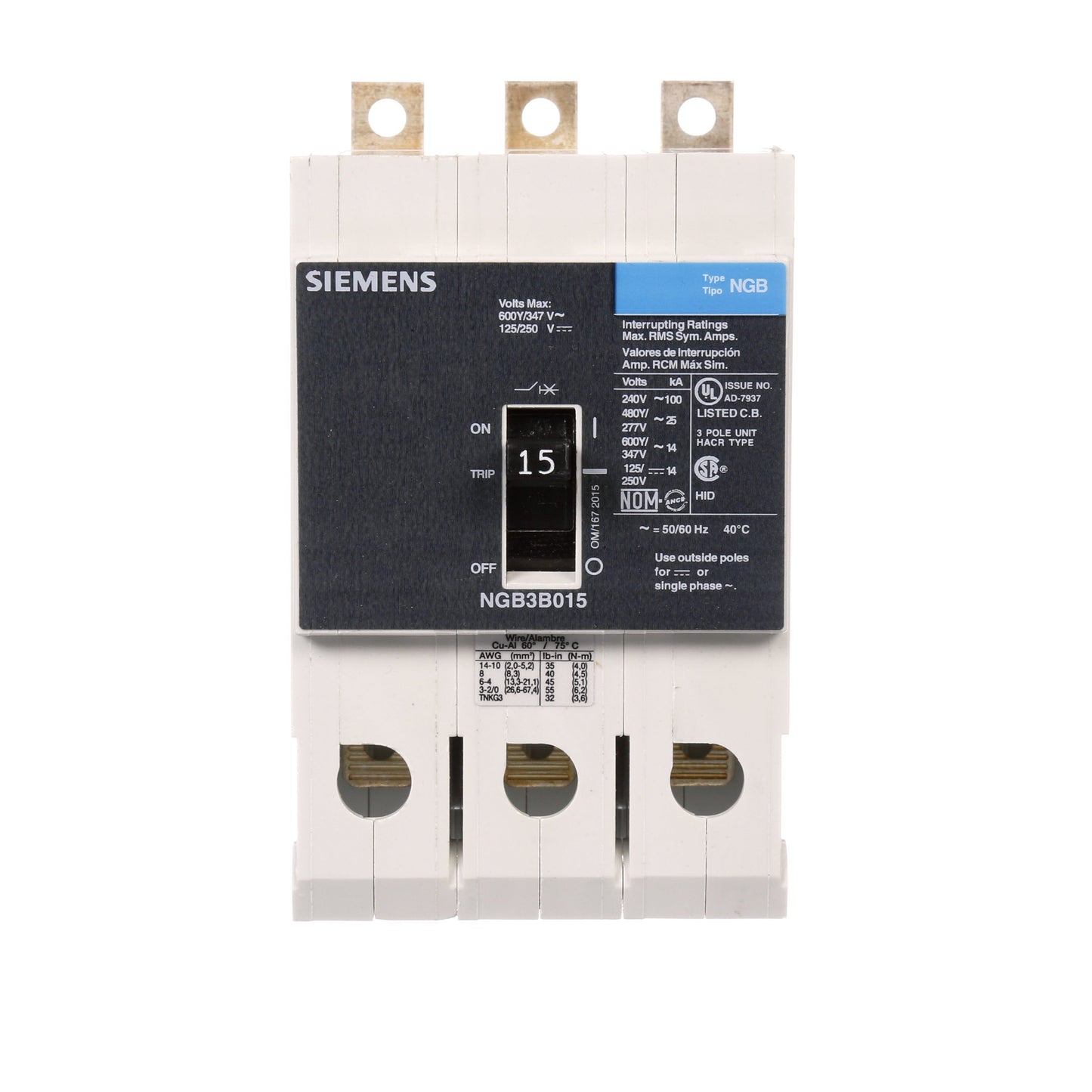 Siemens NGB3B015 Circuit Breaker | 600V 15A 3P 25kA@480V Bolt-On VL Series