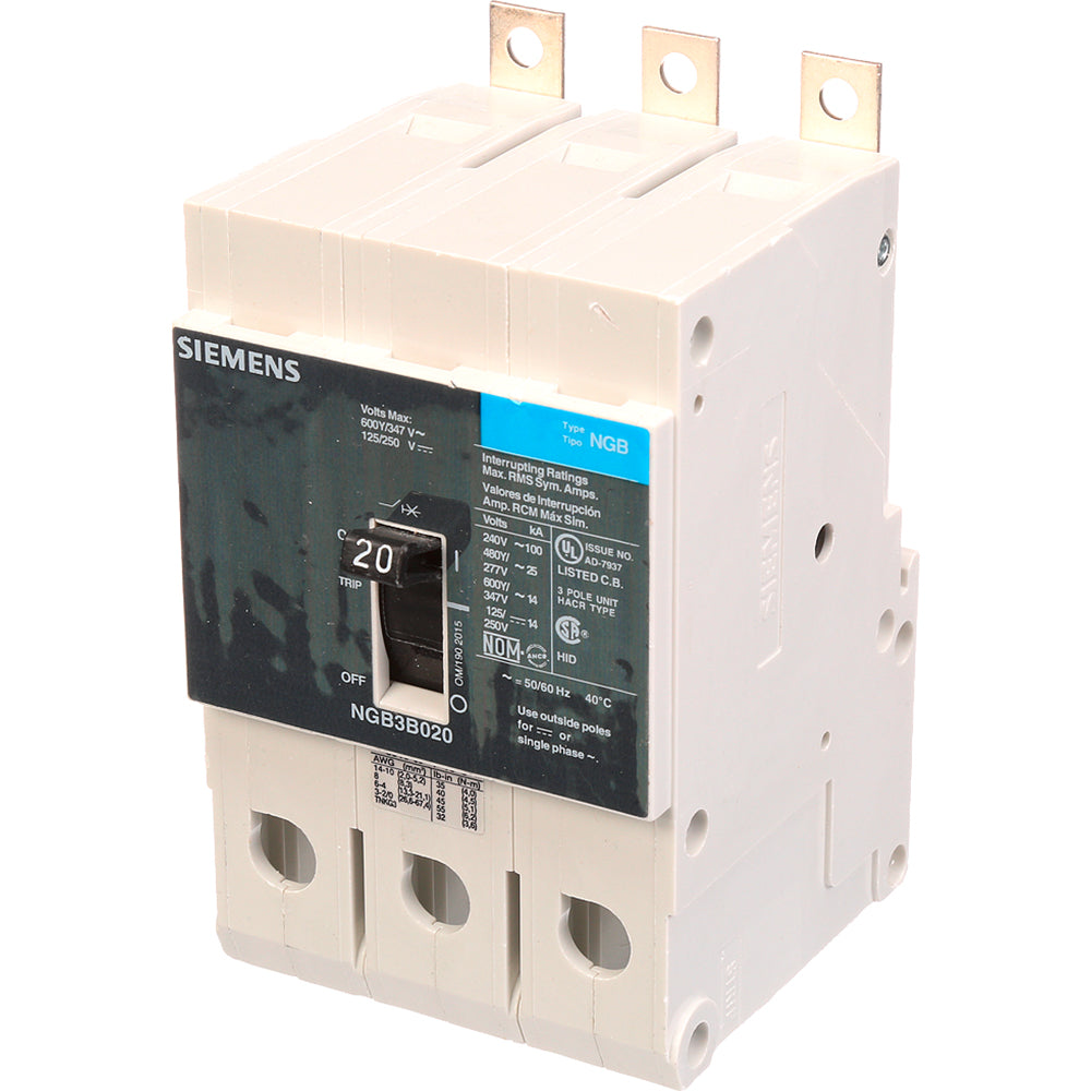 Siemens NGB3B020V Circuit Breaker | 600V 20A 3P 25kA@480V Bolt-On VL Series