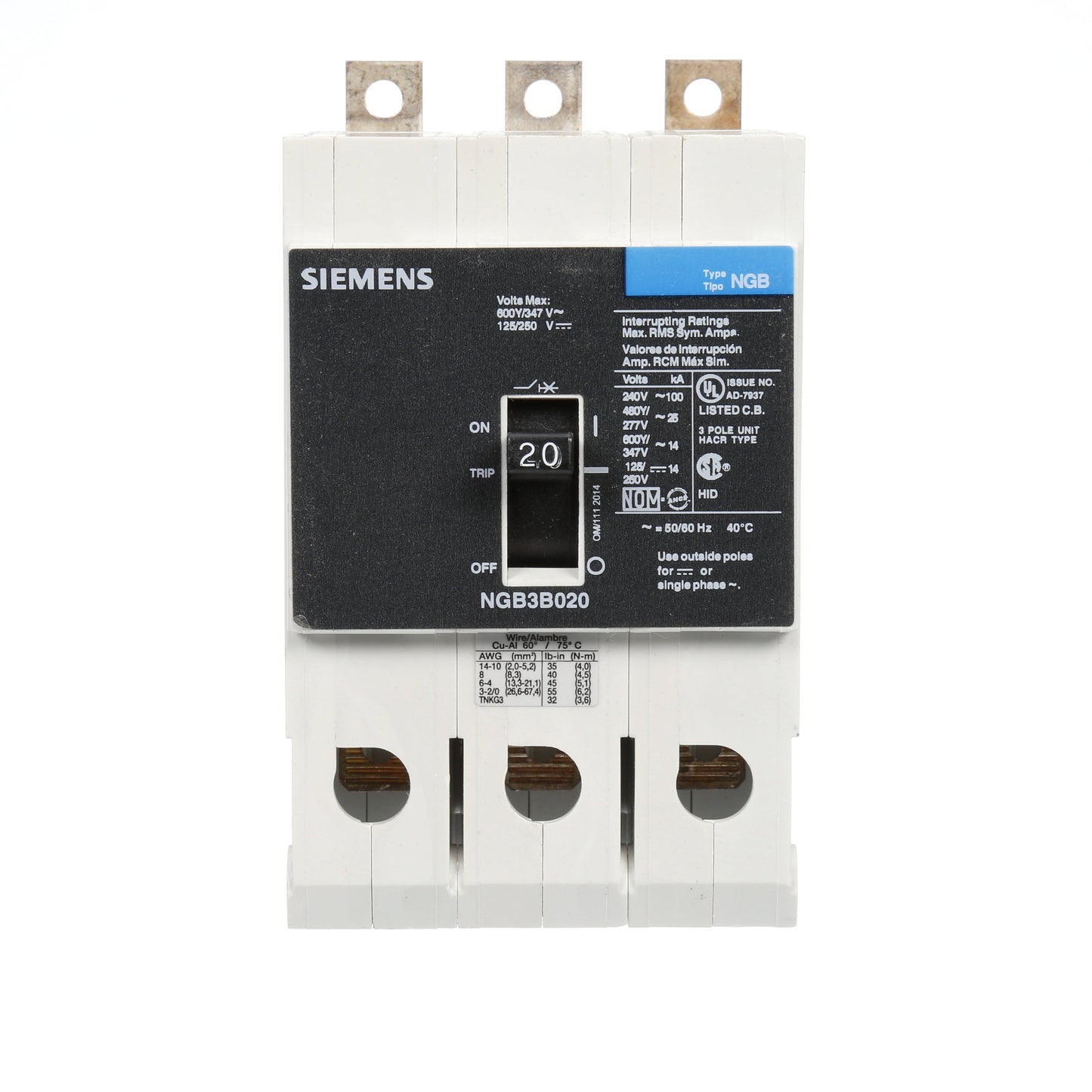 Siemens NGB3B020 Circuit Breaker | 600V 20A 3P 25kA@480V Bolt-On VL Series