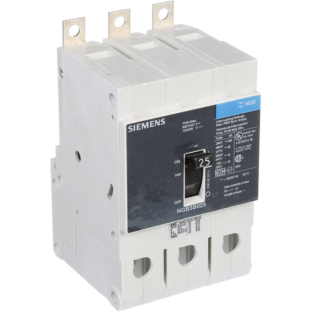 Siemens NGB3B025B Circuit Breaker | 600V 25A 3P 25kA@480V Bolt-On VL Series