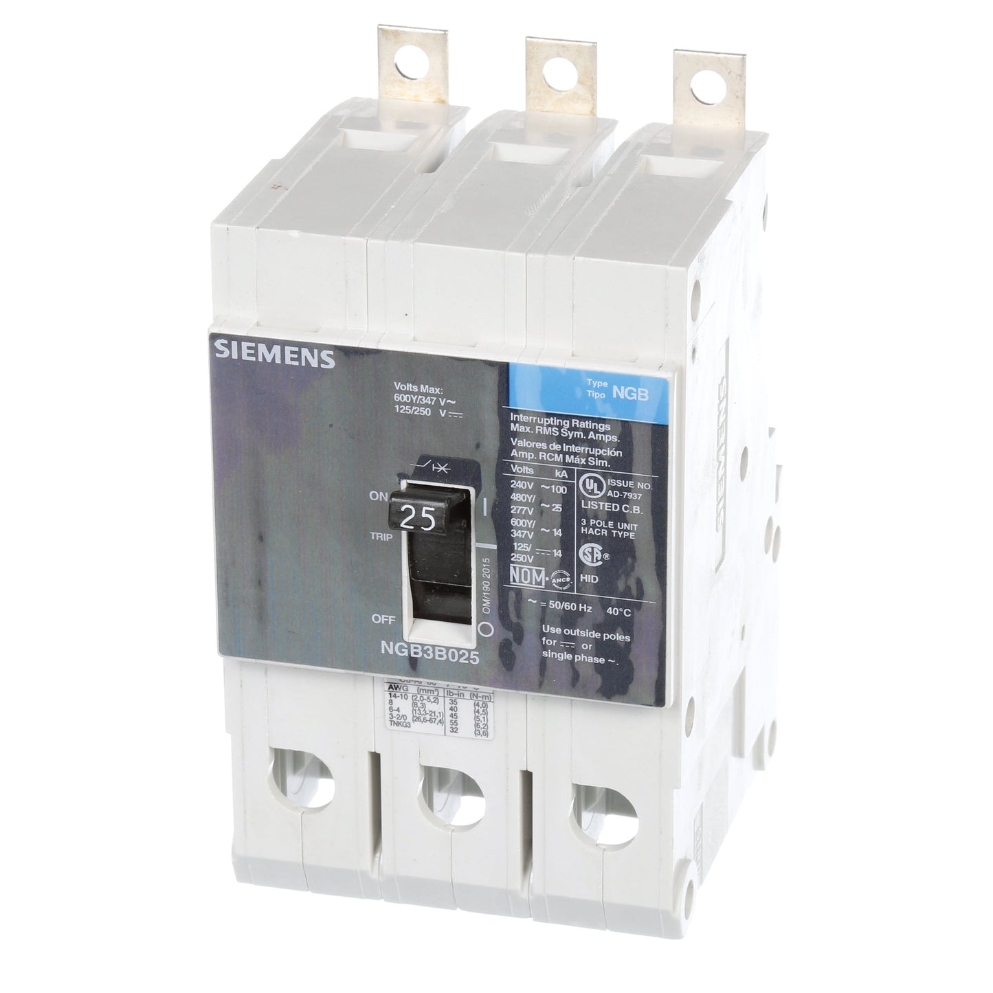 Siemens NGB3B025B Circuit Breaker | 600V 25A 3P 25kA@480V Bolt-On VL Series