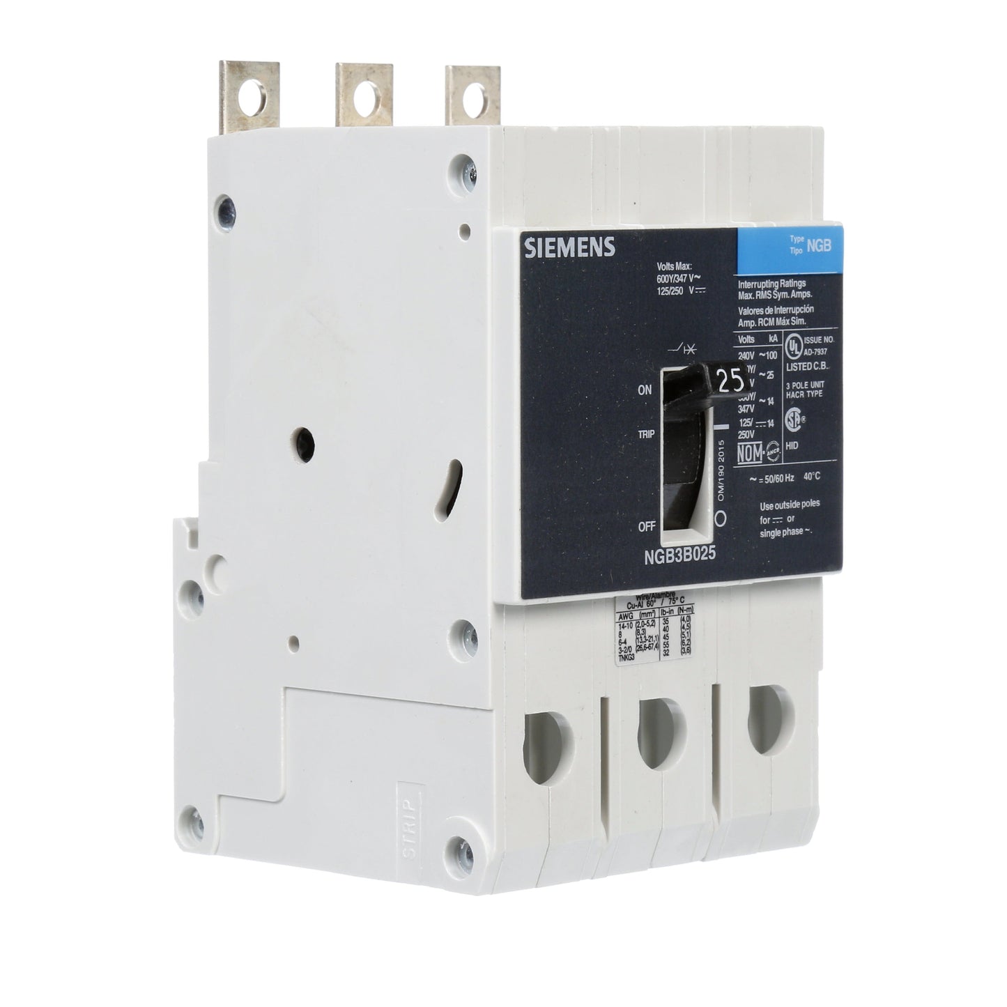 Siemens NGB3B025B Circuit Breaker | 600V 25A 3P 25kA@480V Bolt-On VL Series