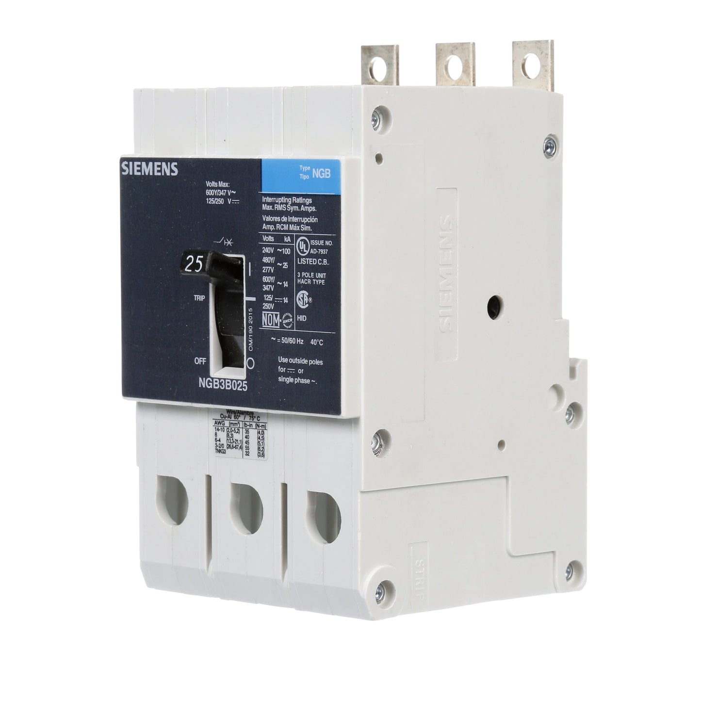 Siemens NGB3B025B Circuit Breaker | 600V 25A 3P 25kA@480V Bolt-On VL Series