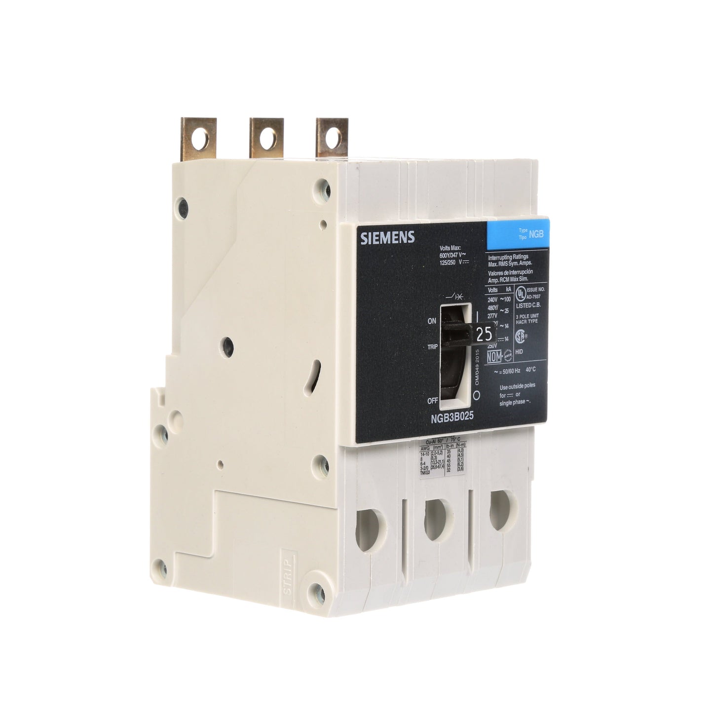 Siemens NGB3B025V Circuit Breaker | 600V 25A 3P 25kA@480V Bolt-On VL Series