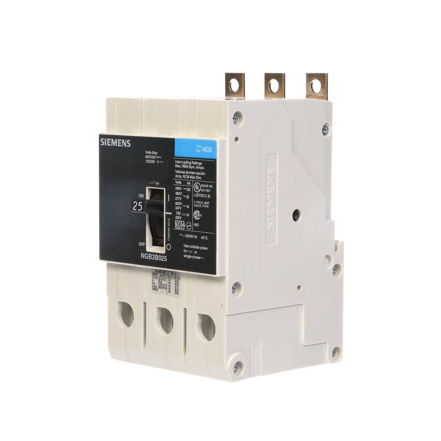 Siemens NGB3B025V Circuit Breaker | 600V 25A 3P 25kA@480V Bolt-On VL Series