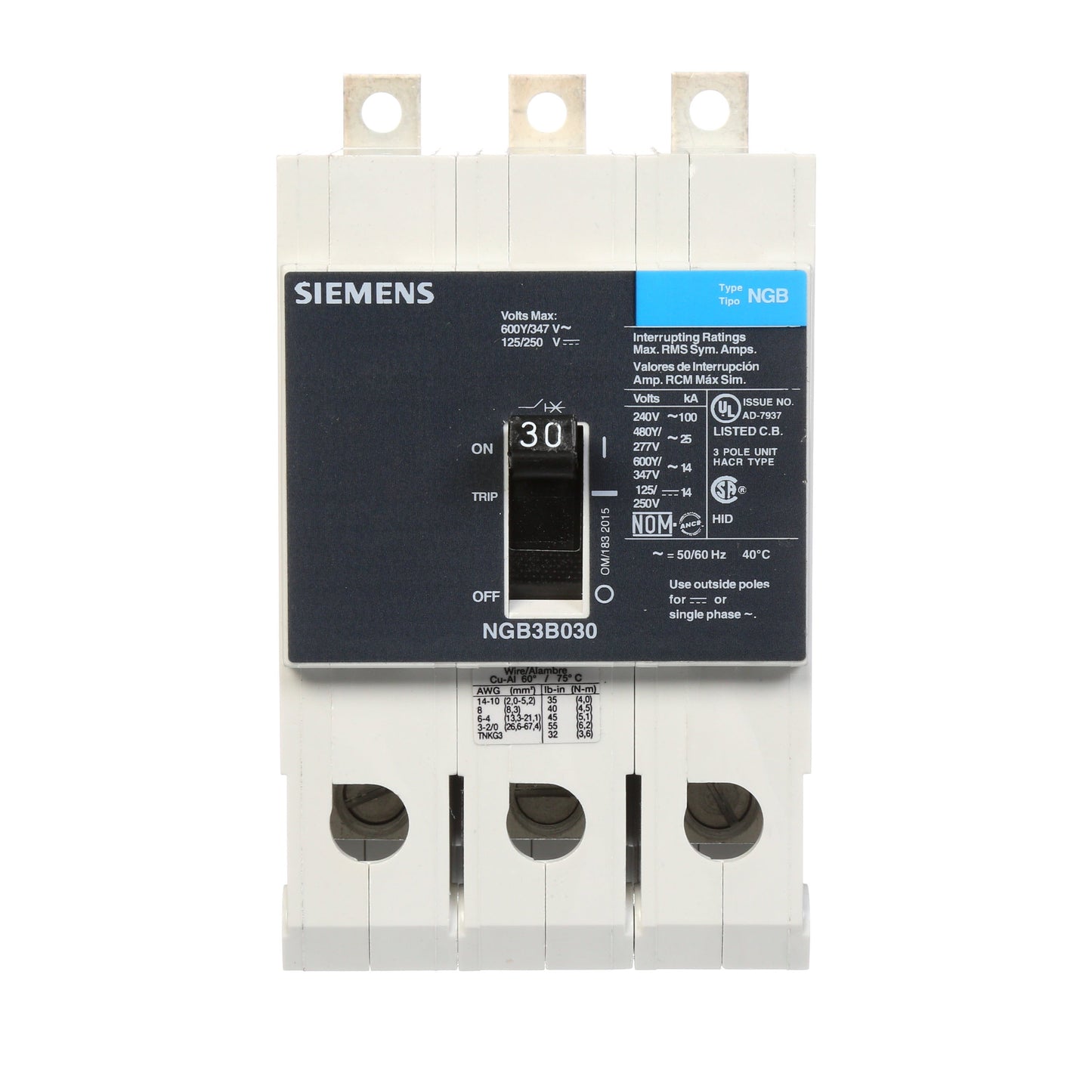 Siemens NGB3B030B Molded Case Circuit Breaker | 600V 30A 3P 25kA@480V Bolt-On VL Series