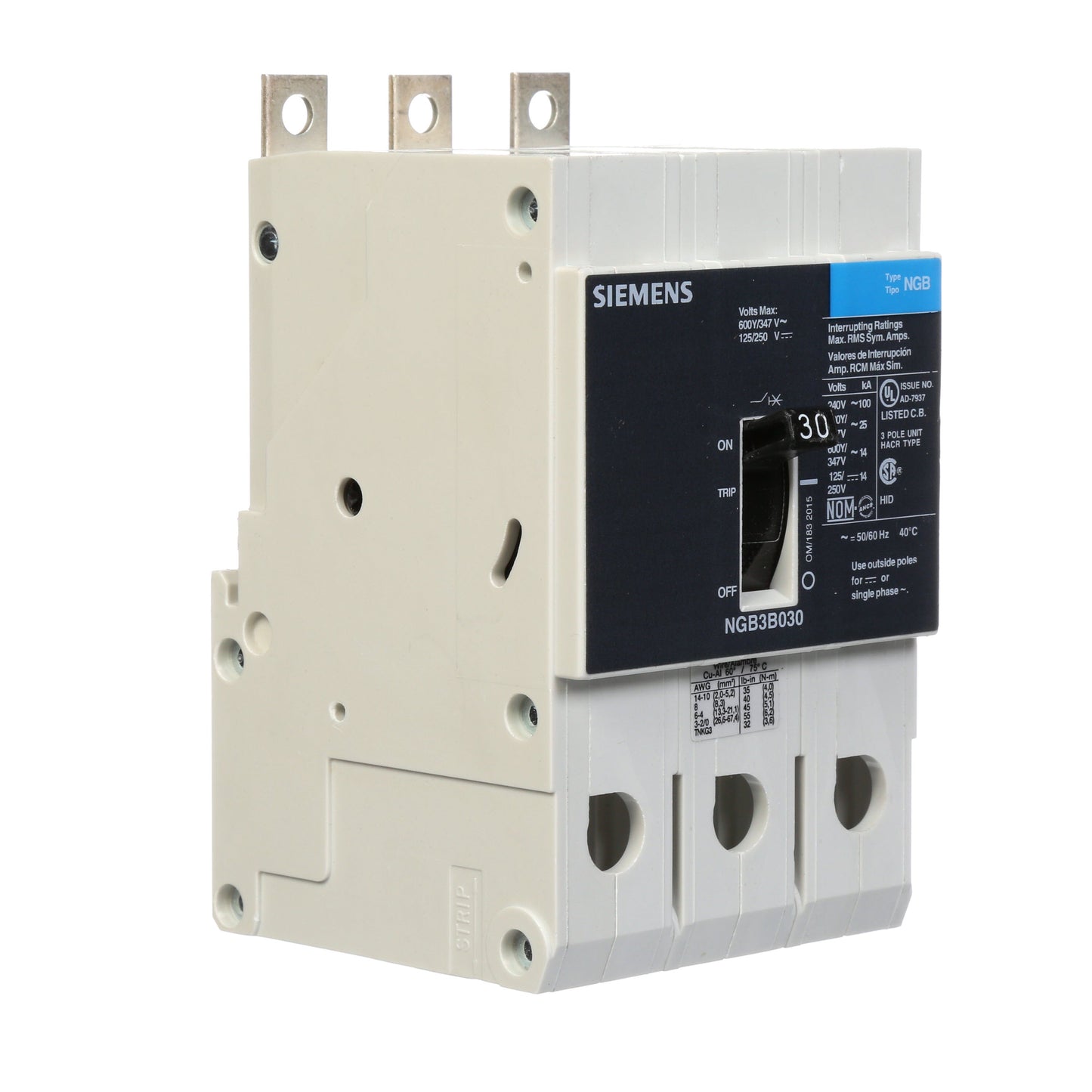 Siemens NGB3B030B Molded Case Circuit Breaker | 600V 30A 3P 25kA@480V Bolt-On VL Series