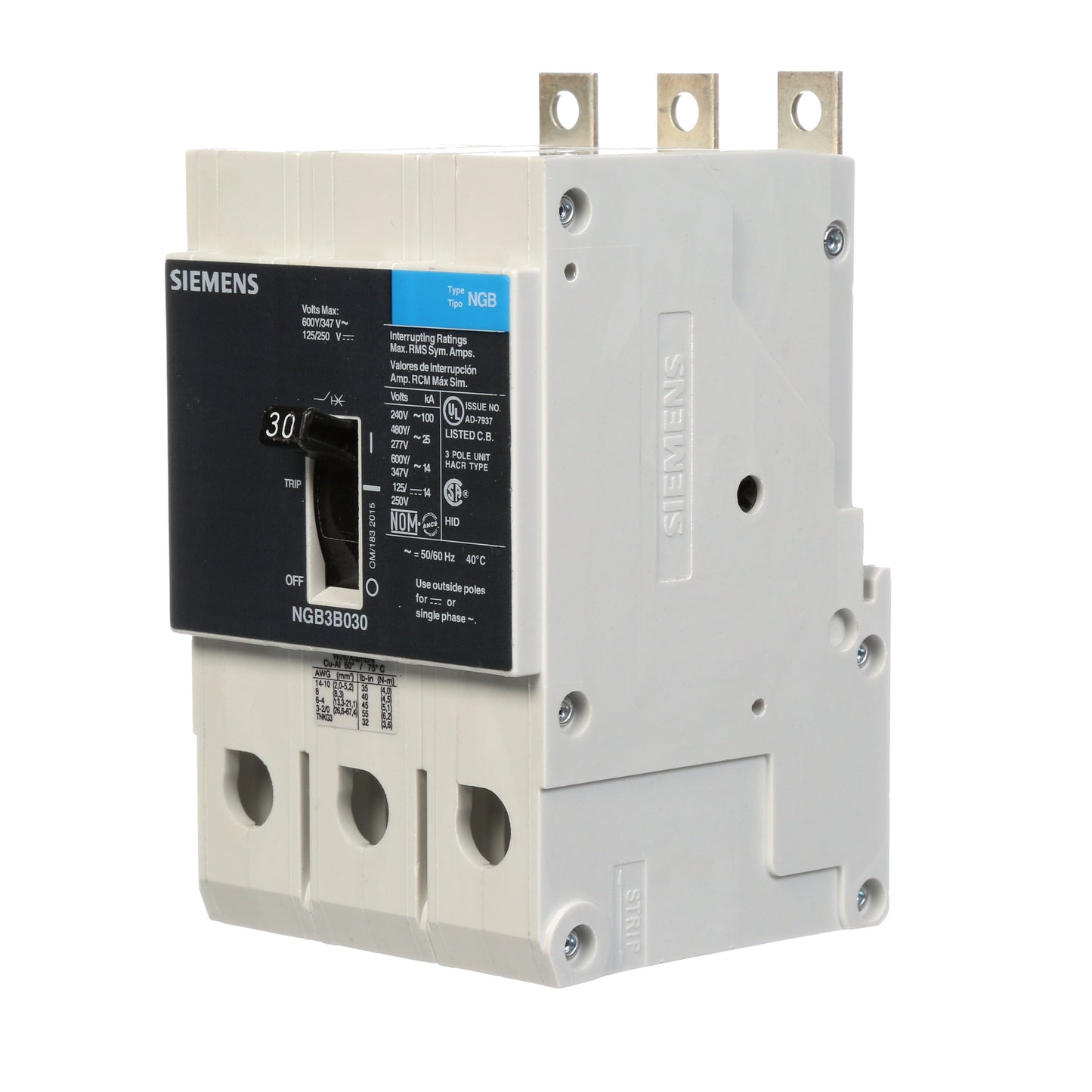 Siemens NGB3B030B Molded Case Circuit Breaker | 600V 30A 3P 25kA@480V Bolt-On VL Series