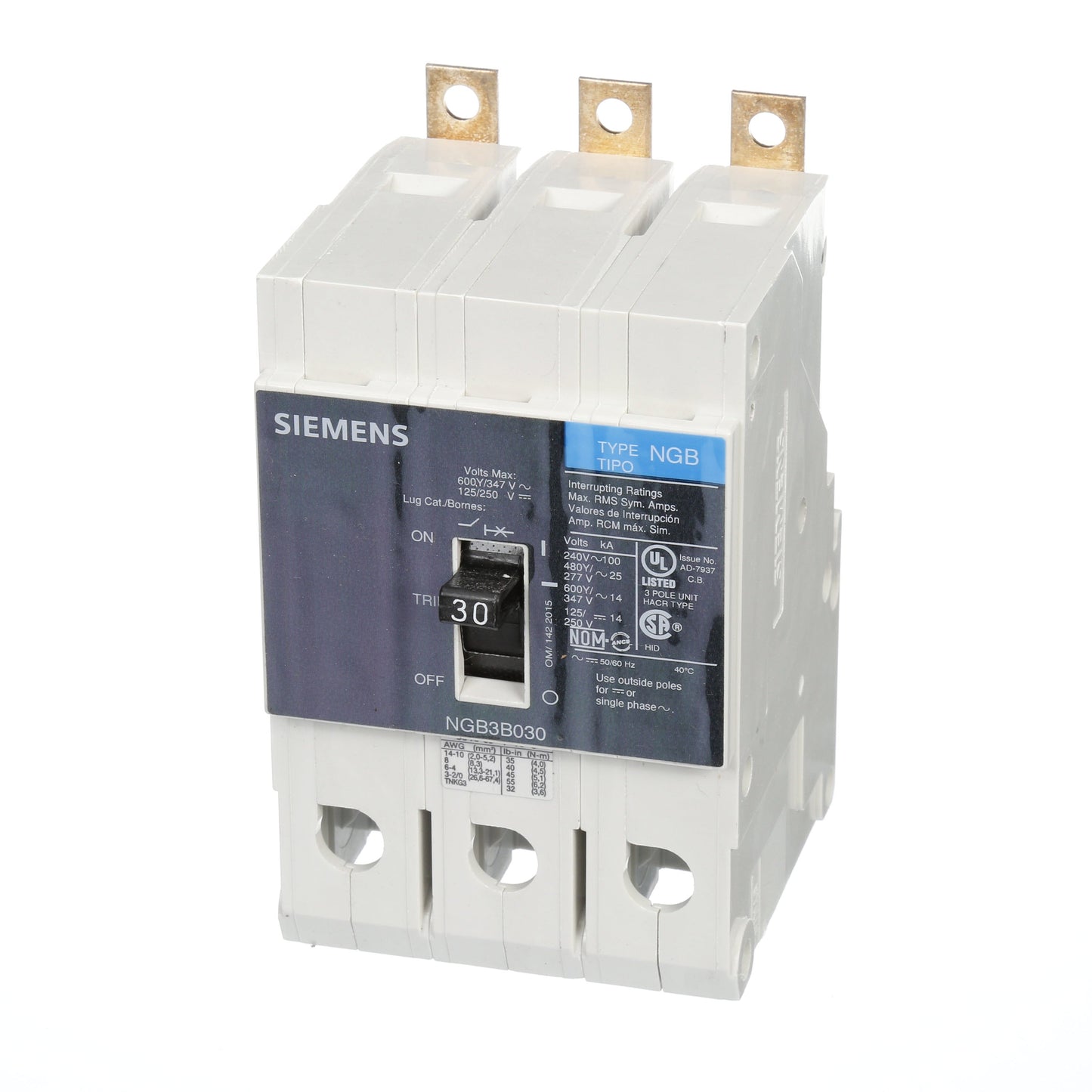 Siemens NGB3B030 Circuit Breaker | 600V 30A 3P 25kA@480V Bolt-On VL Series