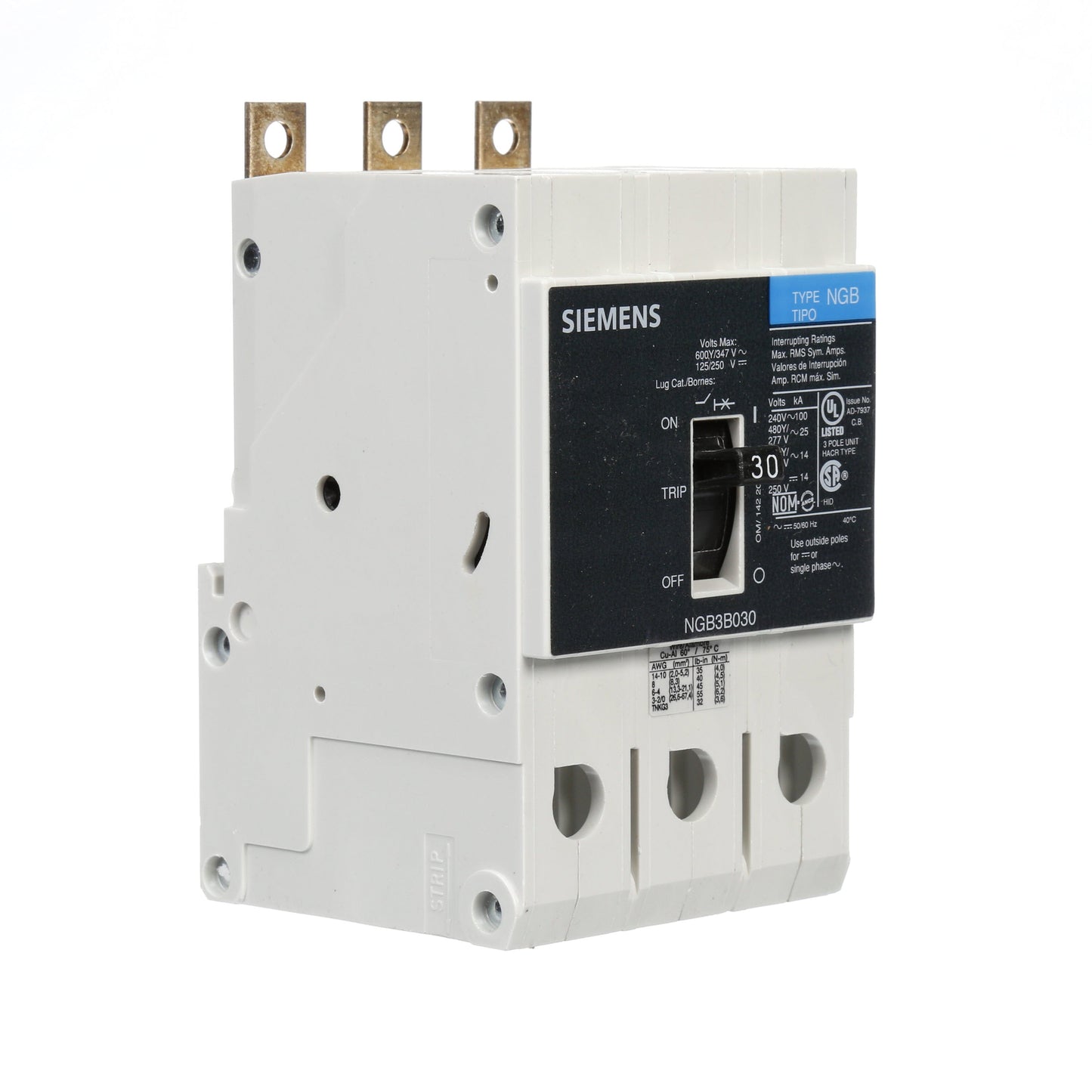 Siemens NGB3B030 Circuit Breaker | 600V 30A 3P 25kA@480V Bolt-On VL Series