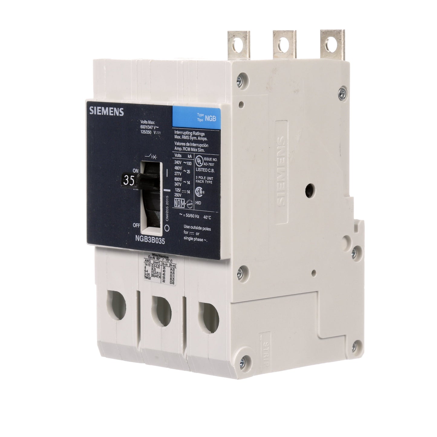 Siemens NGB3B035B Molded Case Circuit Breaker | 600V 35A 3P 25kA@480V Bolt-On VL Series