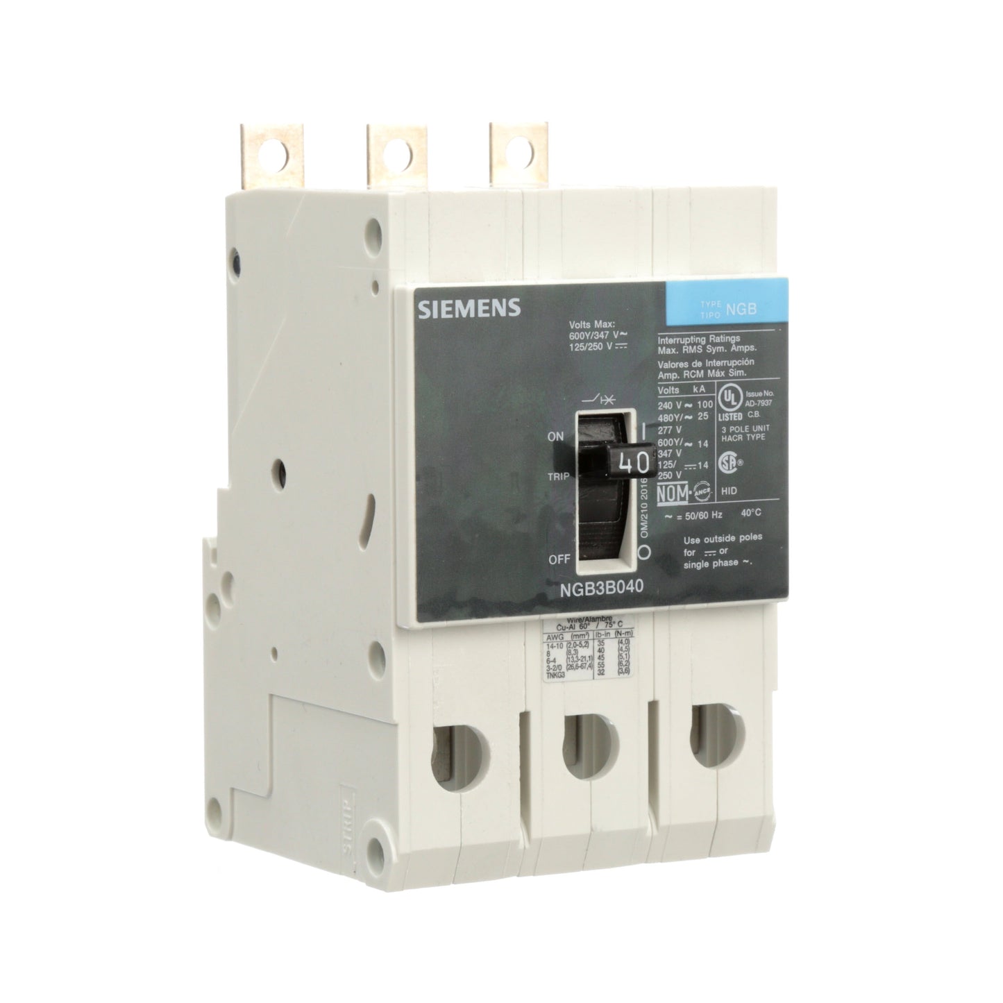 Siemens NGB3B040V Circuit Breaker | 600V 40A 3P 25kA@480V Bolt-On VL Series