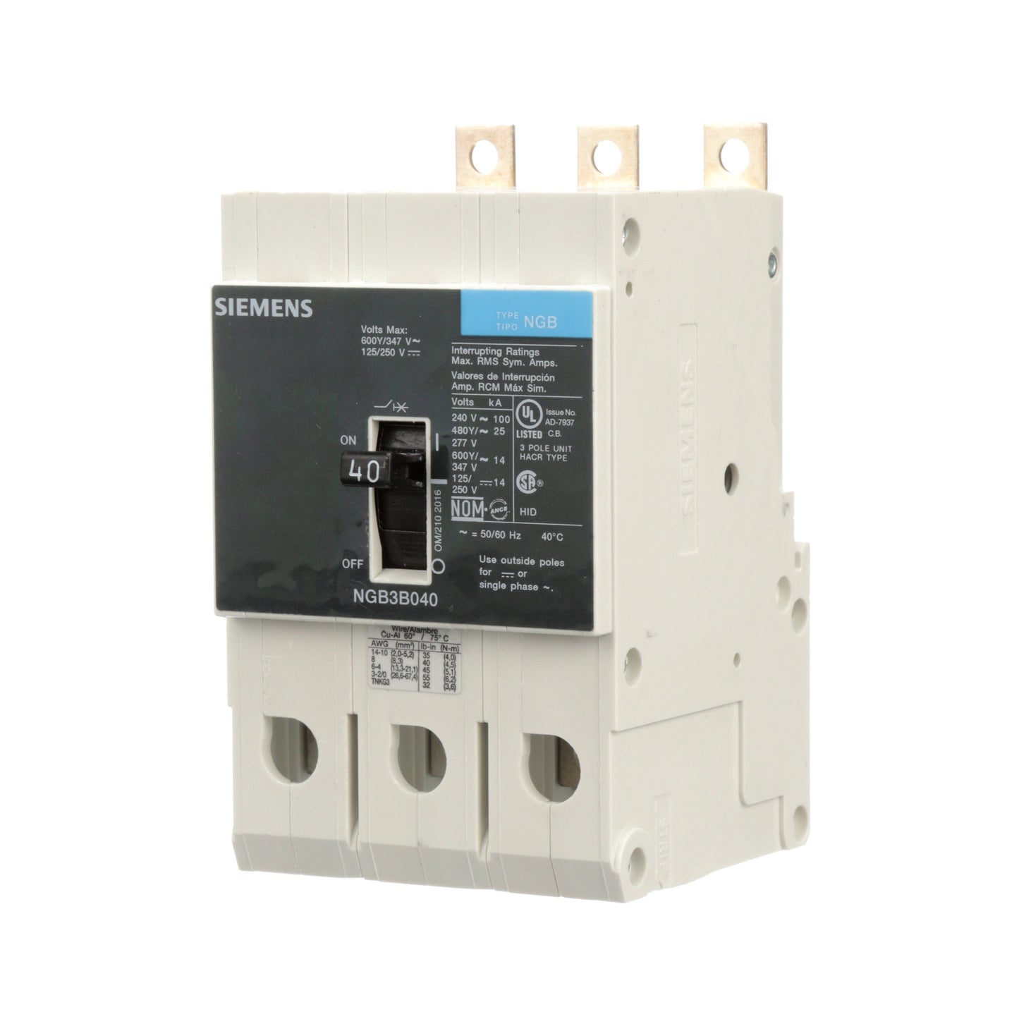 Siemens NGB3B040V Circuit Breaker | 600V 40A 3P 25kA@480V Bolt-On VL Series