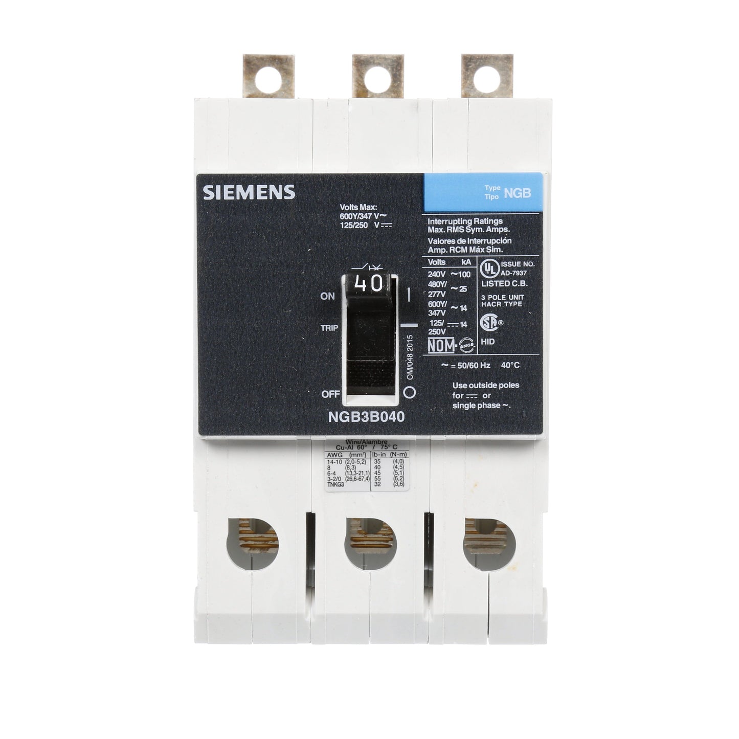 Siemens NGB3B040 Circuit Breaker | 600V 40A 3P 25kA@480V Bolt-On VL Series