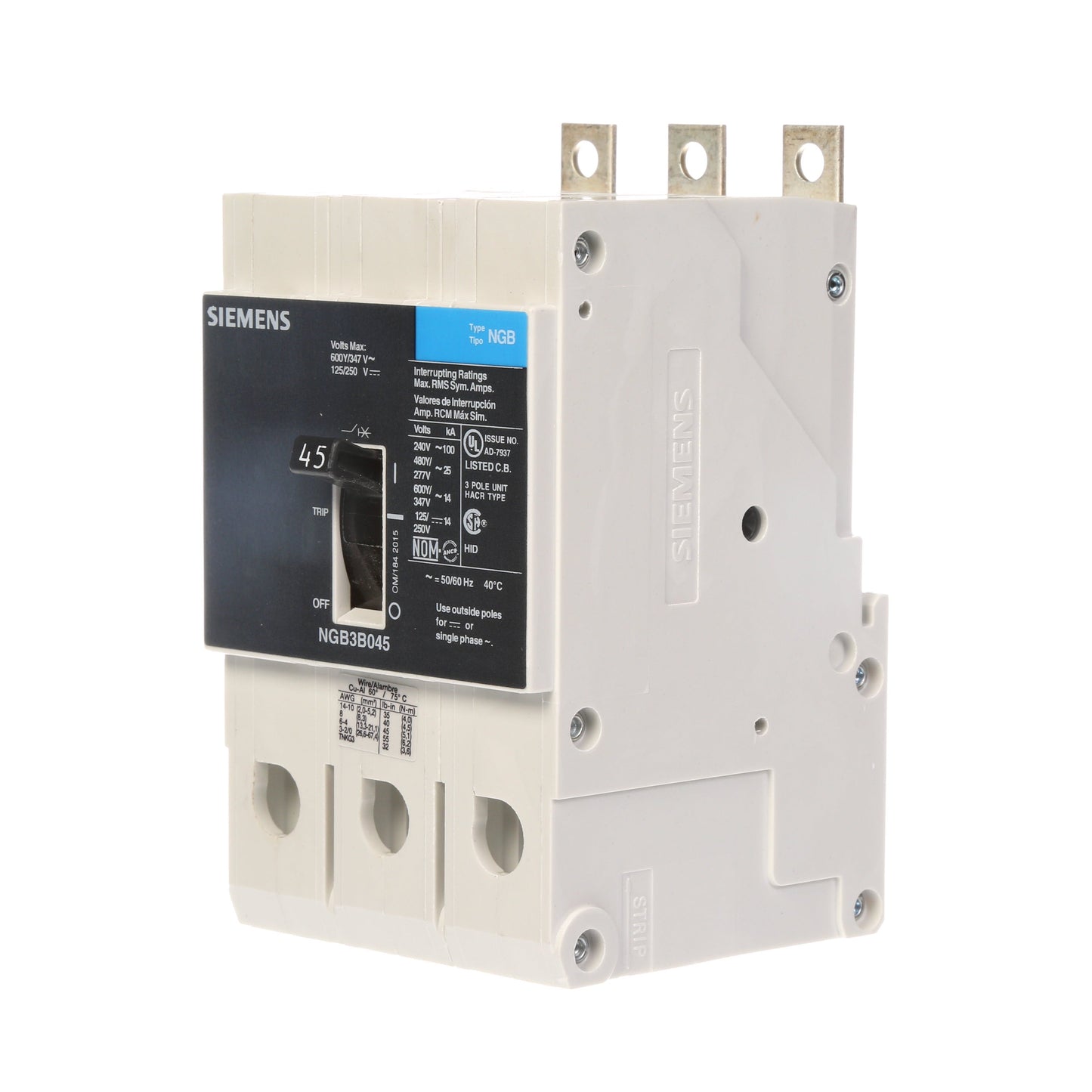 Siemens NGB3B045B Molded Case Circuit Breaker | 600V 45A 3P 25kA@480V Bolt-On VL Series