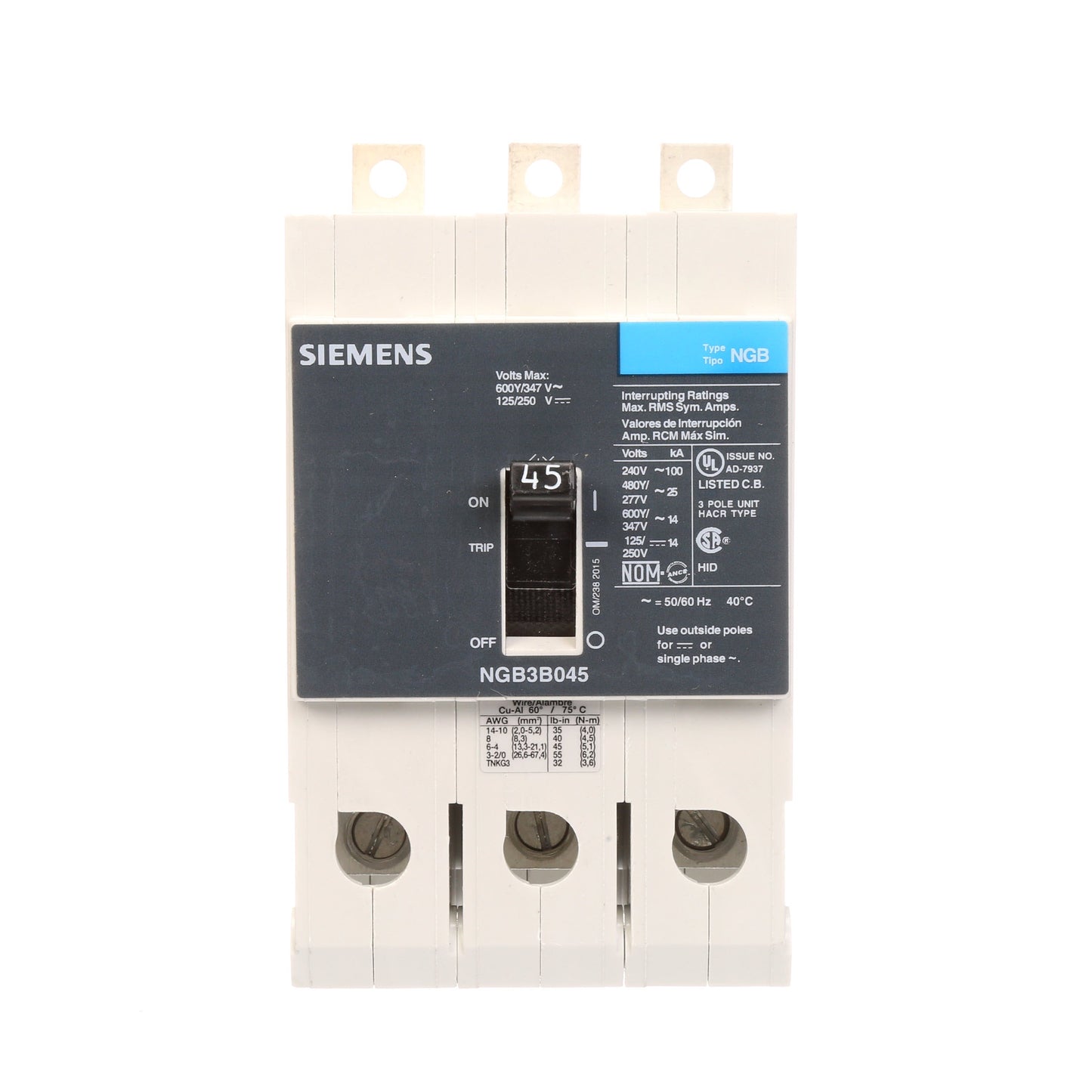 Siemens NGB3B045V Circuit Breaker | 600V 45A 3P 25kA@480V Bolt-On VL Series