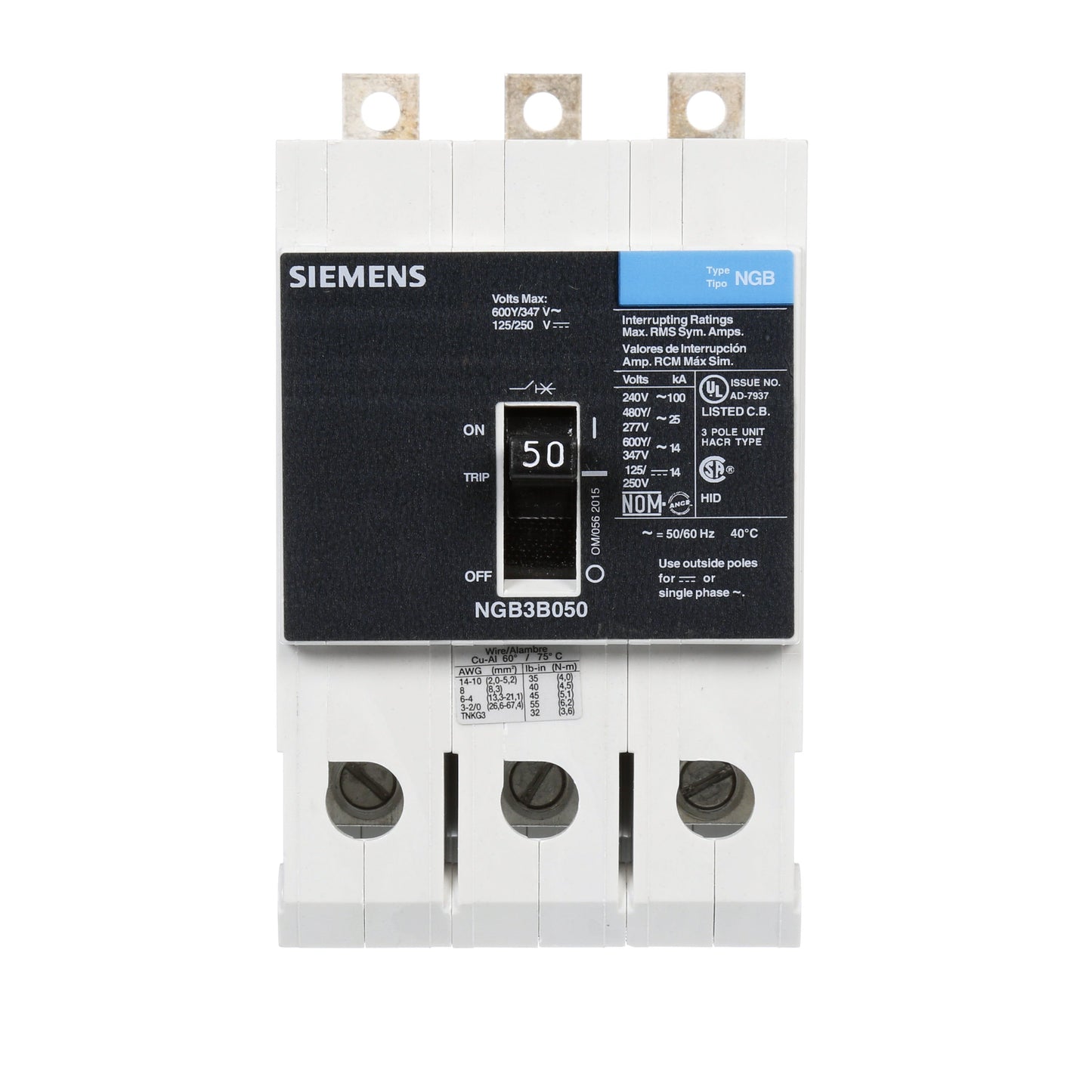 Siemens NGB3B050B Circuit Breaker | 600V 50A 3P 25kA@480V Bolt-On VL Series