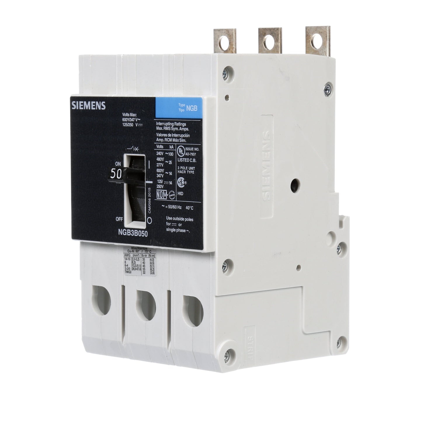 Siemens NGB3B050B Circuit Breaker | 600V 50A 3P 25kA@480V Bolt-On VL Series