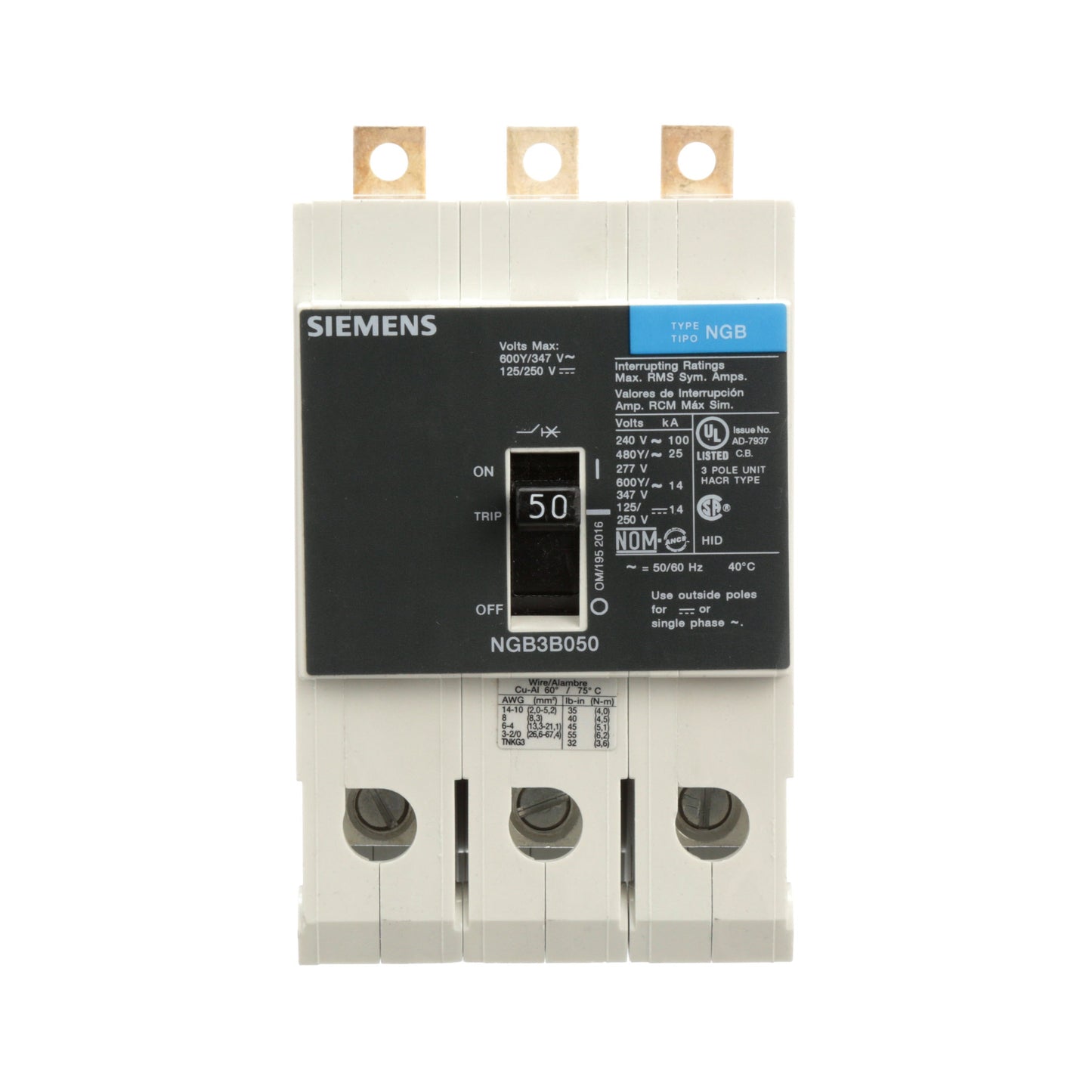 Siemens NGB3B050V Circuit Breaker | 600V 50A 3P 25kA@480V Bolt-On VL Series