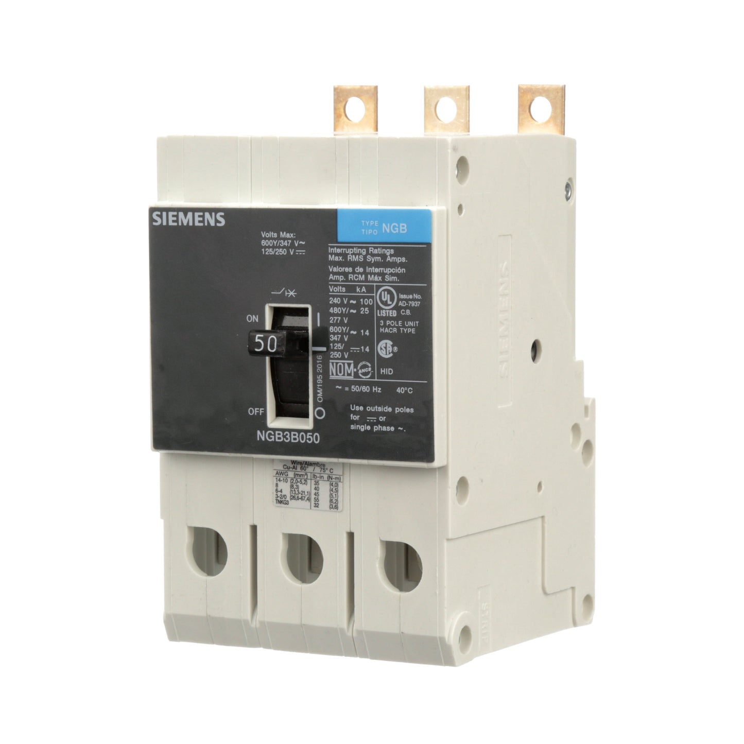 Siemens NGB3B050V Circuit Breaker | 600V 50A 3P 25kA@480V Bolt-On VL Series