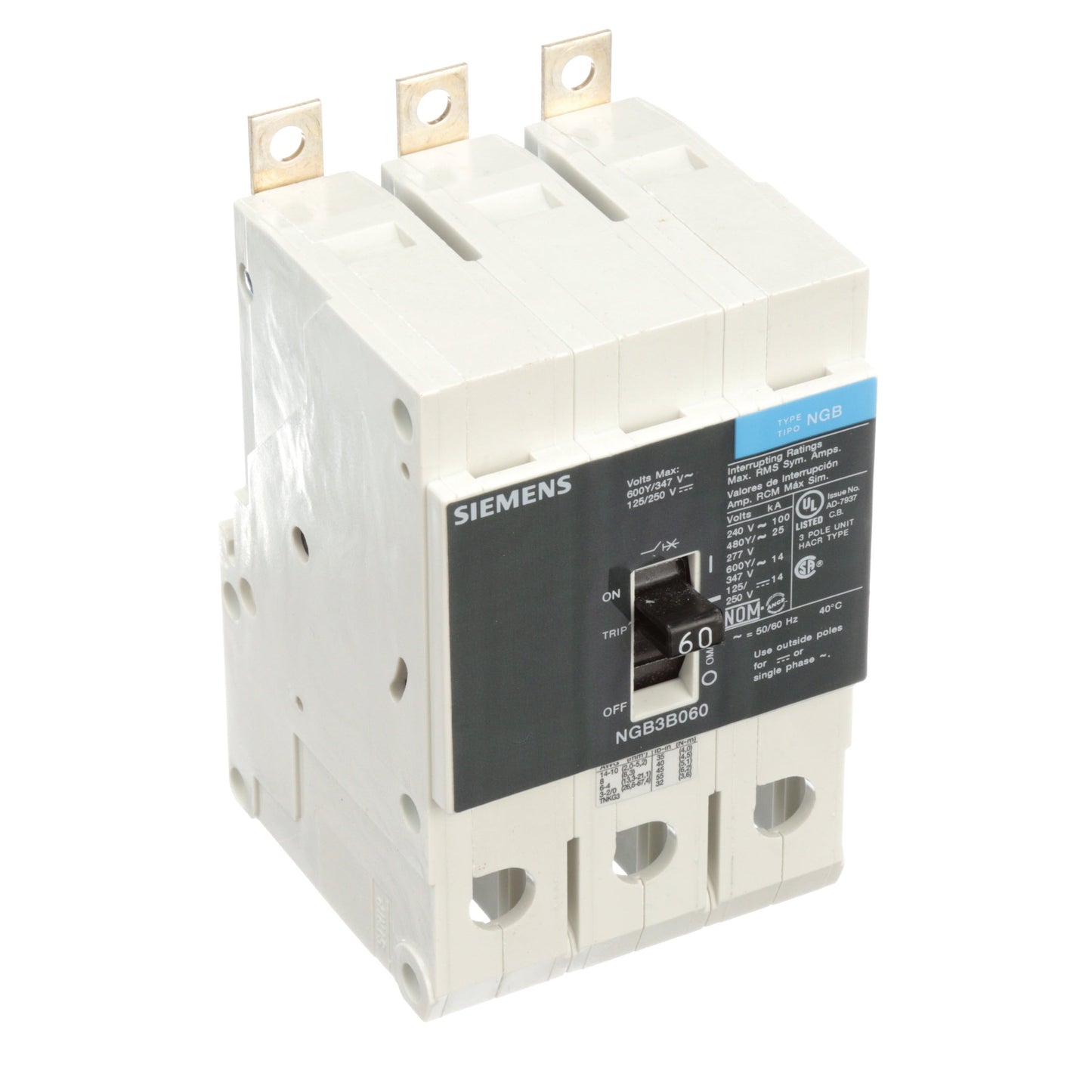 Siemens NGB3B060V Circuit Breaker | 600V 60A 3P 25kA@480V Bolt-On VL Series