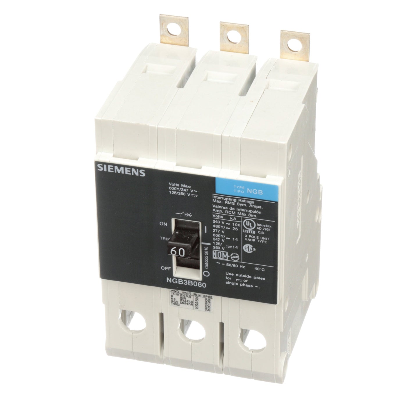 Siemens NGB3B060V Circuit Breaker | 600V 60A 3P 25kA@480V Bolt-On VL Series