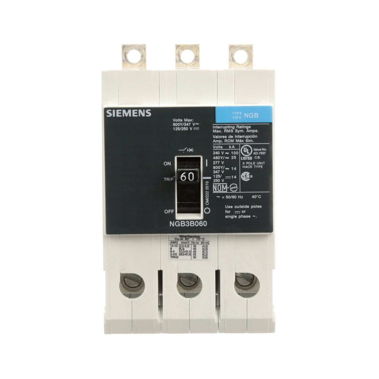 Siemens NGB3B060V Circuit Breaker | 600V 60A 3P 25kA@480V Bolt-On VL Series