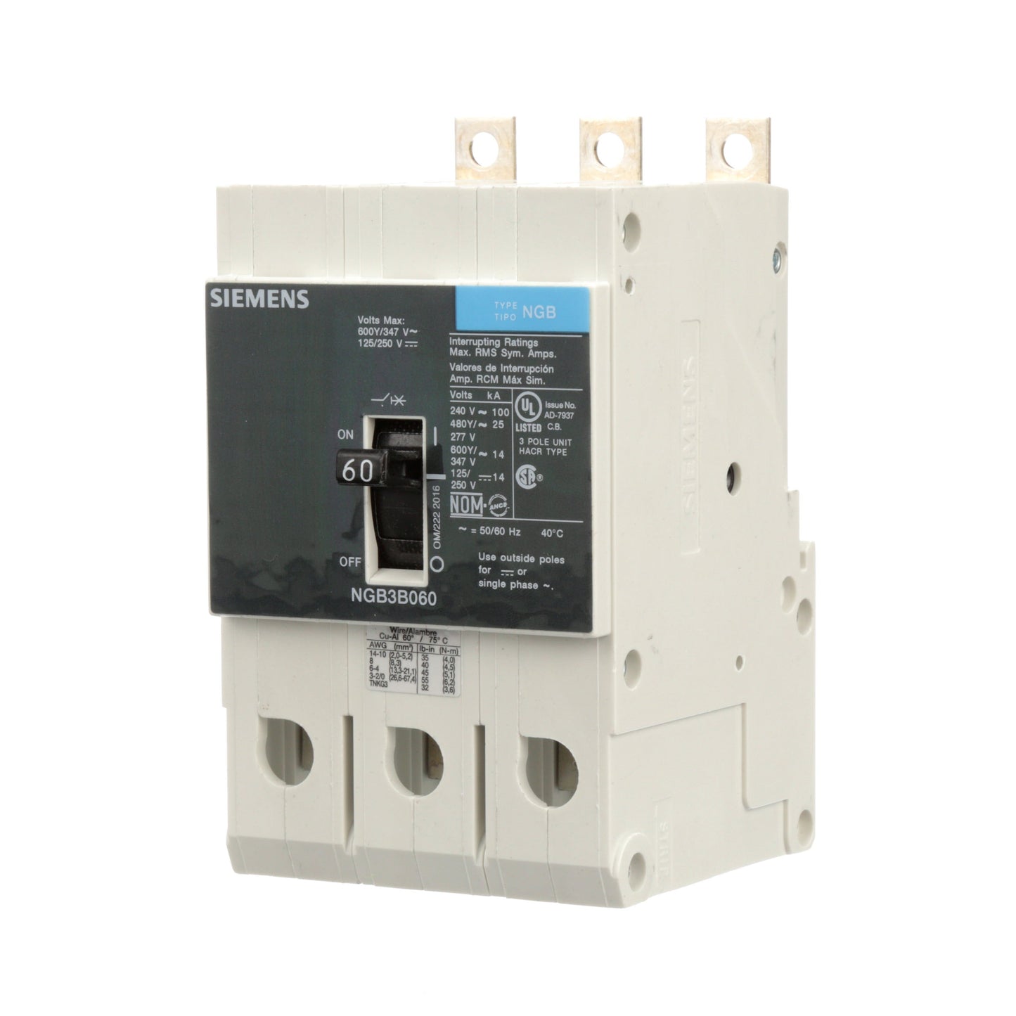 Siemens NGB3B060V Circuit Breaker | 600V 60A 3P 25kA@480V Bolt-On VL Series