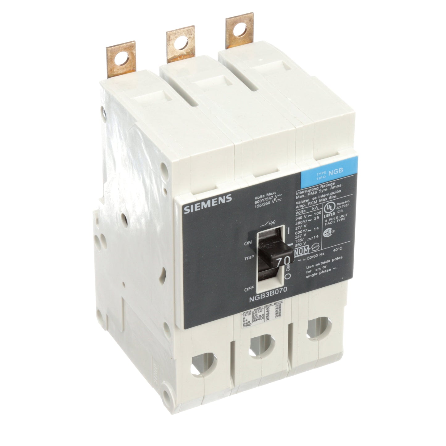 Siemens NGB3B070B Molded Case Circuit Breaker | 600V 70A 3P 25kA@480V Bolt-On VL Series