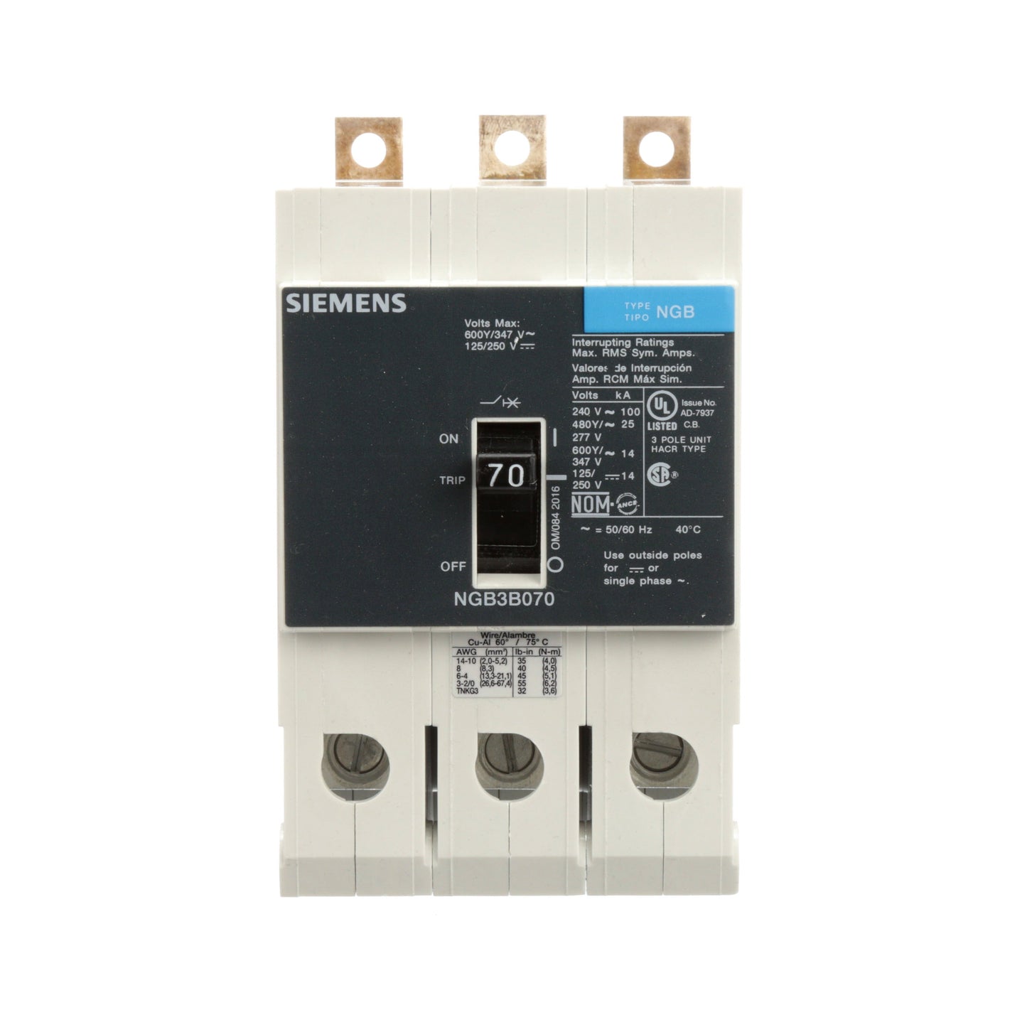 Siemens NGB3B070B Molded Case Circuit Breaker | 600V 70A 3P 25kA@480V Bolt-On VL Series