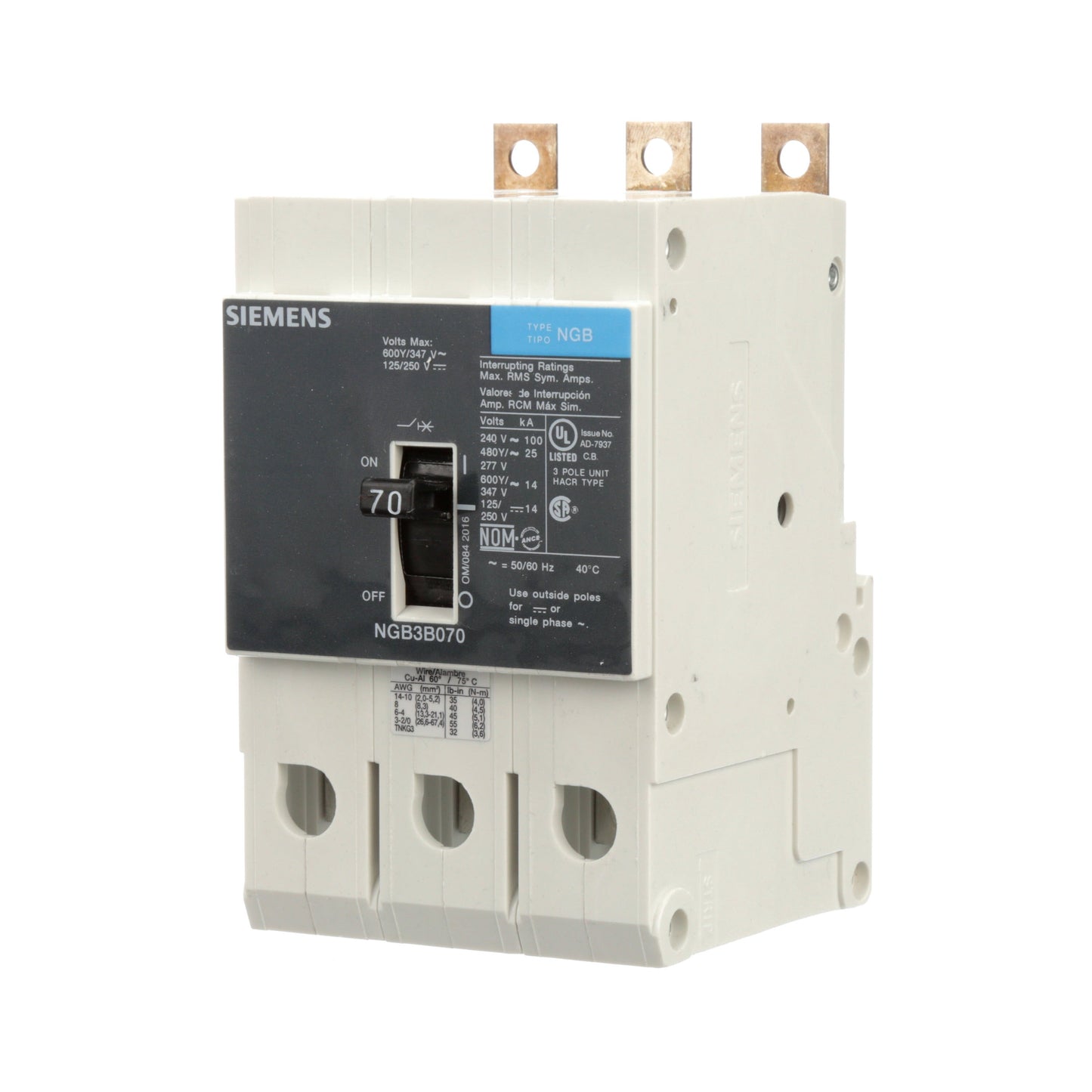 Siemens NGB3B070B Molded Case Circuit Breaker | 600V 70A 3P 25kA@480V Bolt-On VL Series