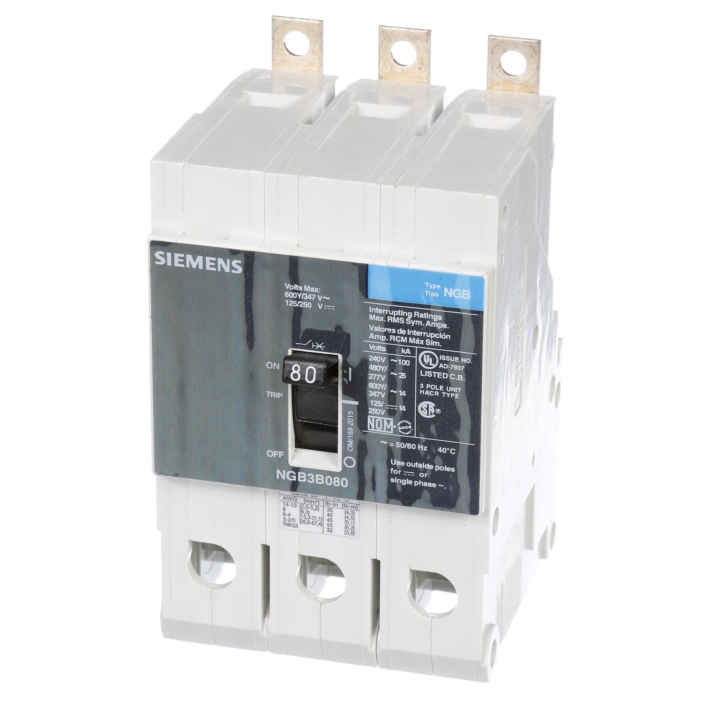 Siemens NGB3B080B Circuit Breaker | 600V 80A 3P 25kA@480V Bolt-On VL Series