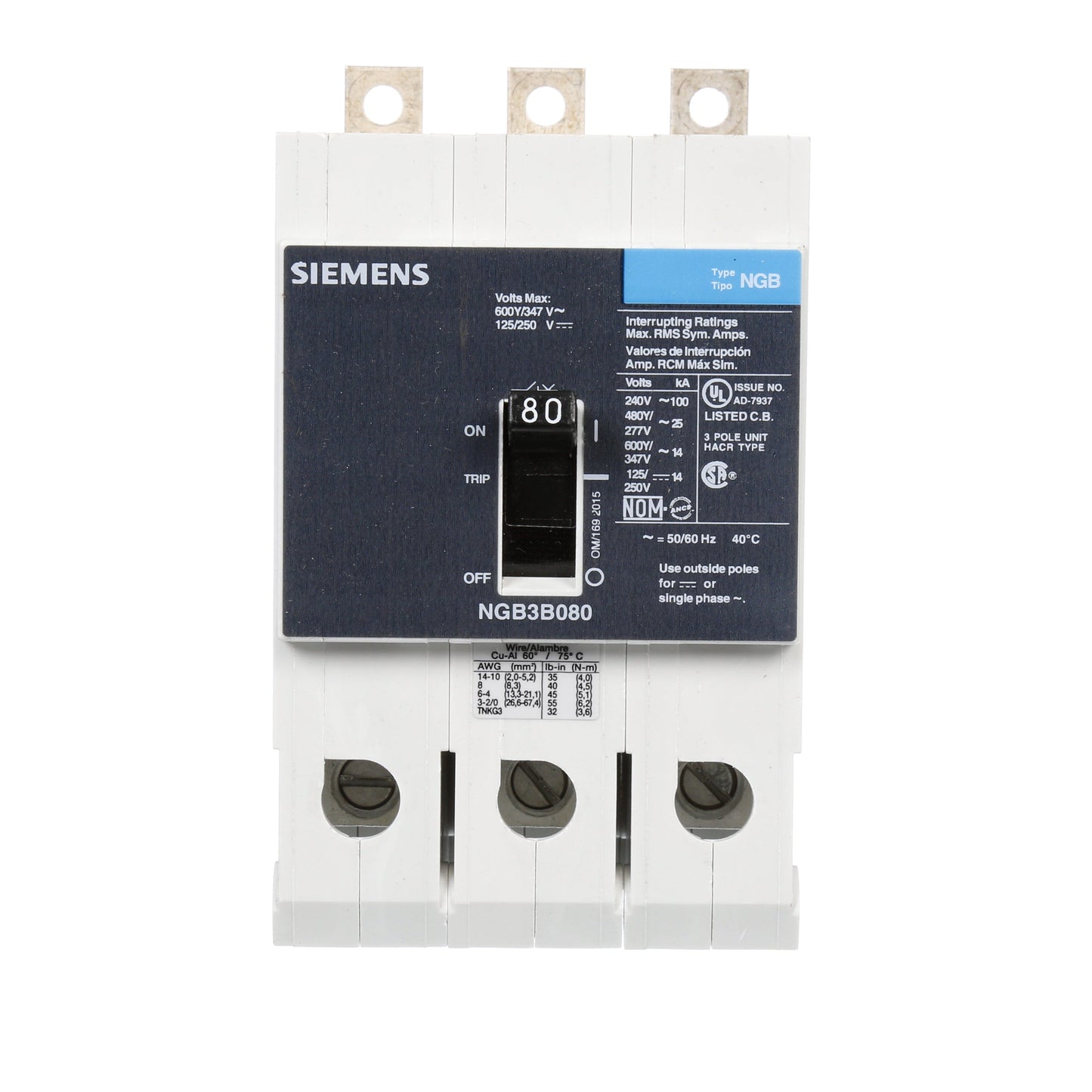 Siemens NGB3B080B Circuit Breaker | 600V 80A 3P 25kA@480V Bolt-On VL Series