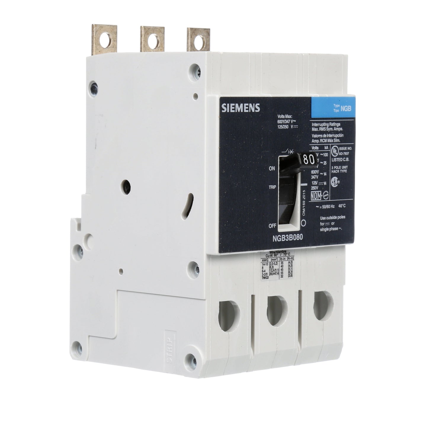 Siemens NGB3B080B Circuit Breaker | 600V 80A 3P 25kA@480V Bolt-On VL Series