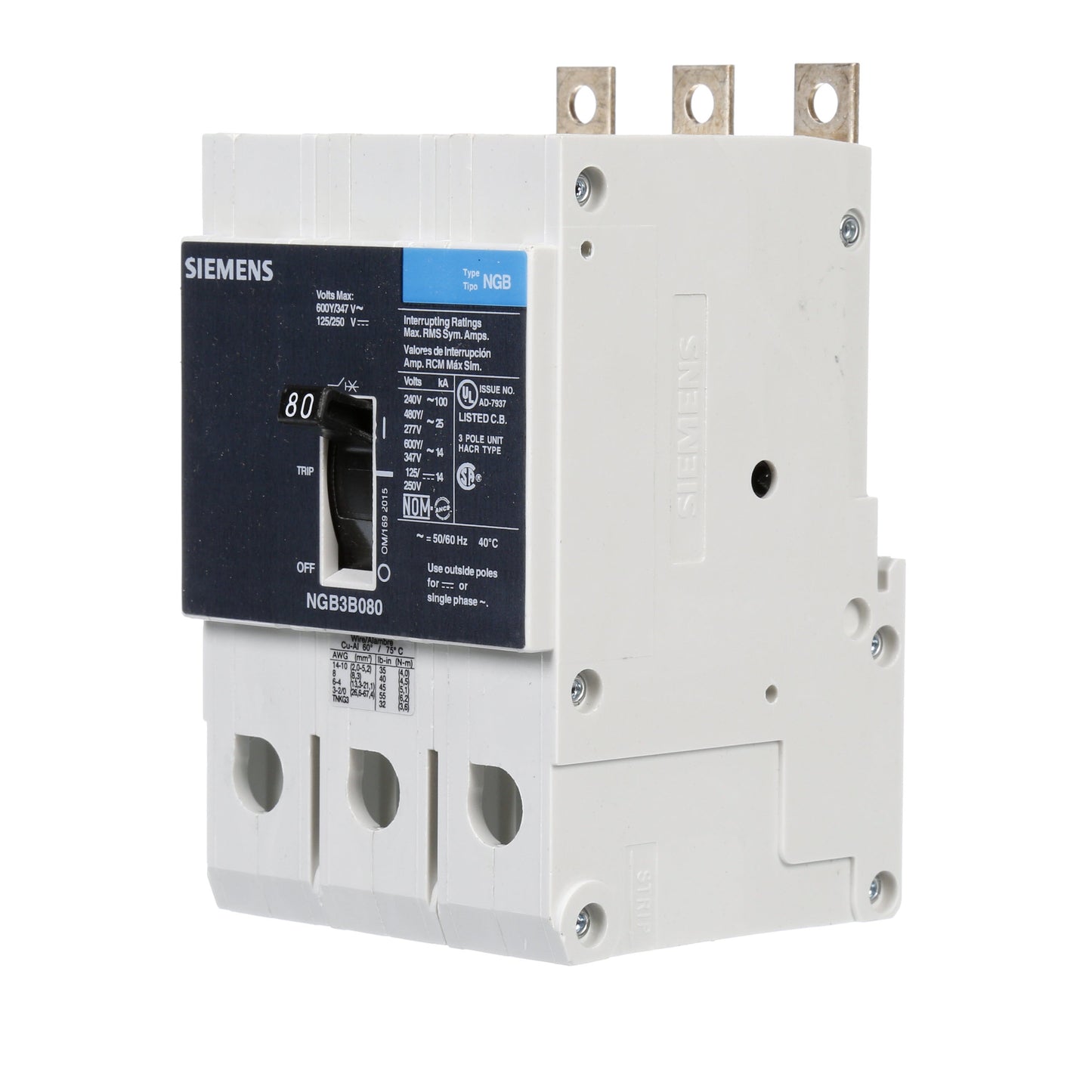 Siemens NGB3B080B Circuit Breaker | 600V 80A 3P 25kA@480V Bolt-On VL Series