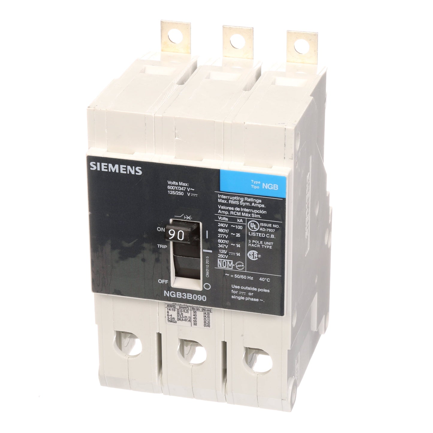 Siemens NGB3B090V Circuit Breaker | 600V 90A 3P 25kA@480V Bolt-On VL Series