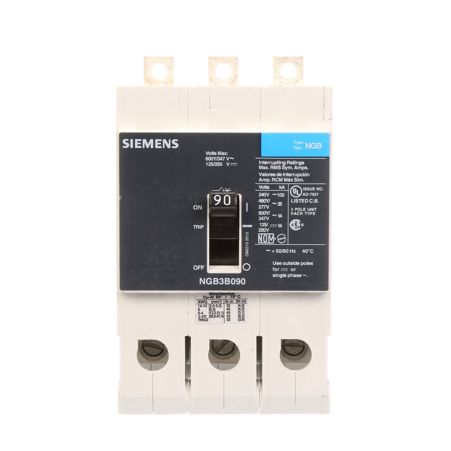 Siemens NGB3B090V Circuit Breaker | 600V 90A 3P 25kA@480V Bolt-On VL Series