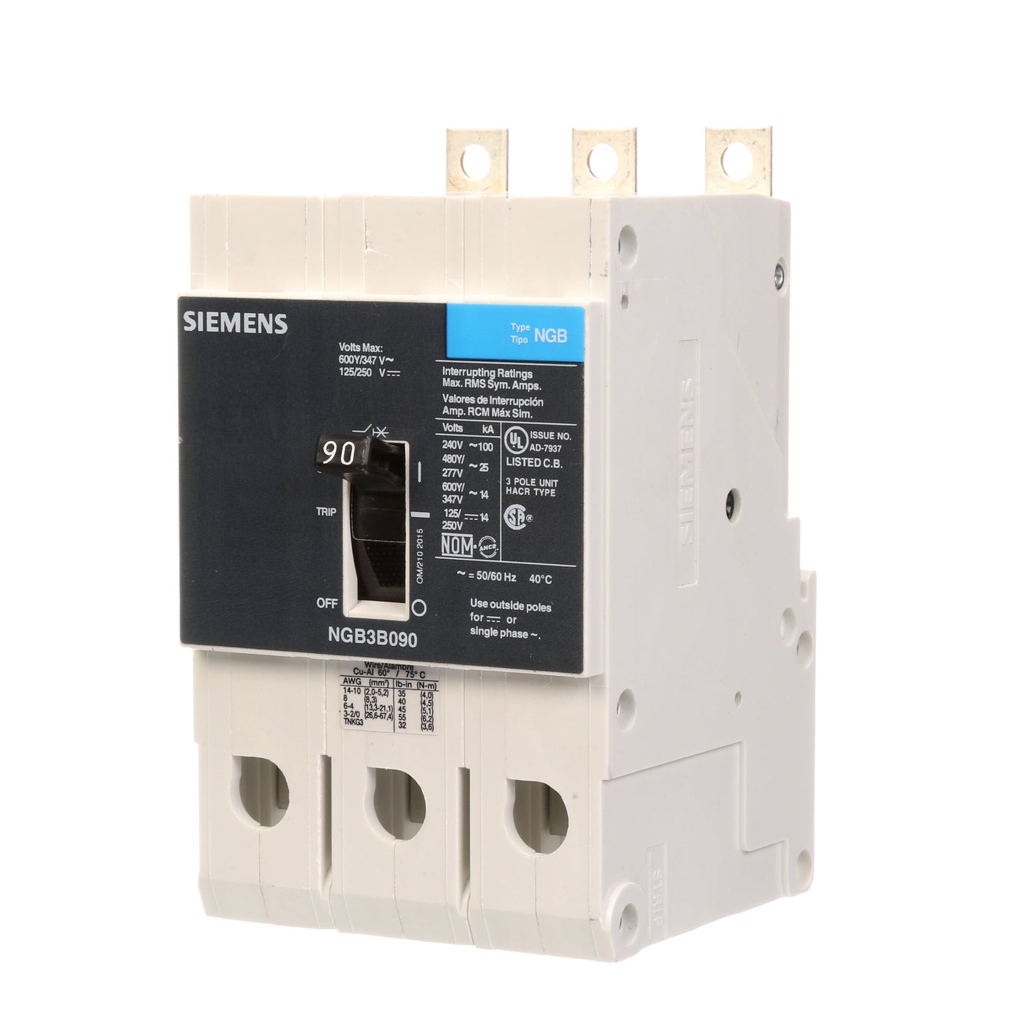 Siemens NGB3B090V Circuit Breaker | 600V 90A 3P 25kA@480V Bolt-On VL Series