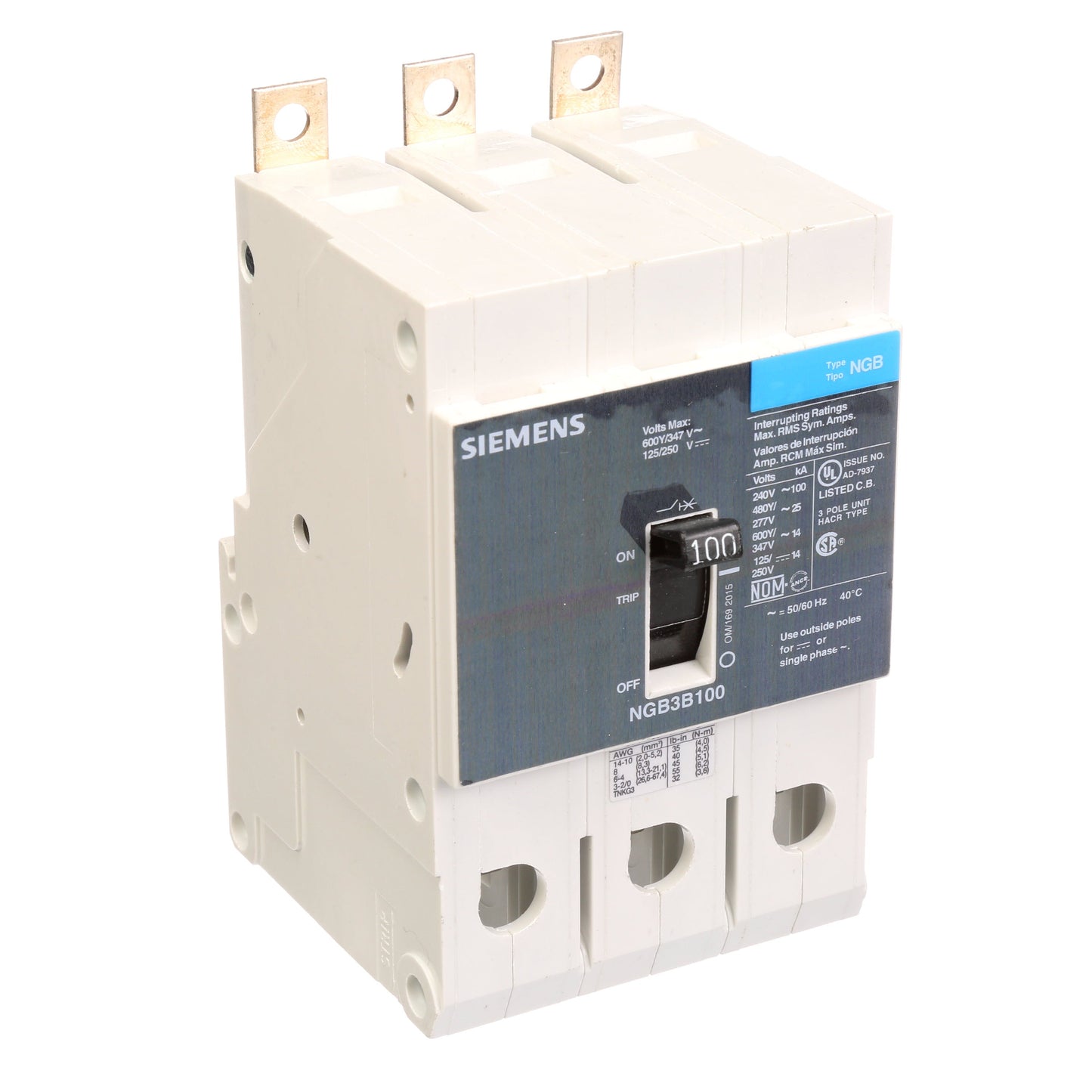 Siemens NGB3B100V Circuit Breaker | 600V 100A 3P 25kA@480V Bolt-On VL Series