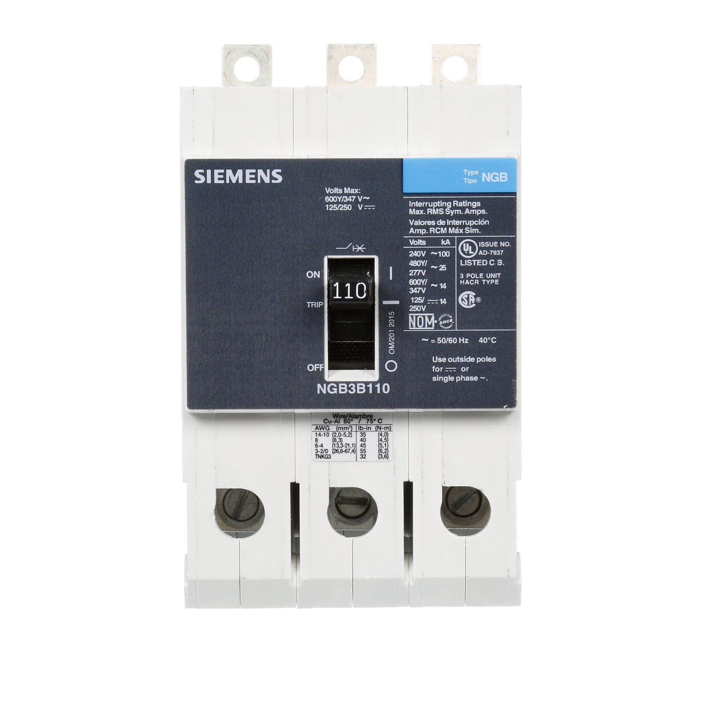Siemens NGB3B110V Circuit Breaker | 600V 110A 3P 25kA@480V Bolt-On VL Series